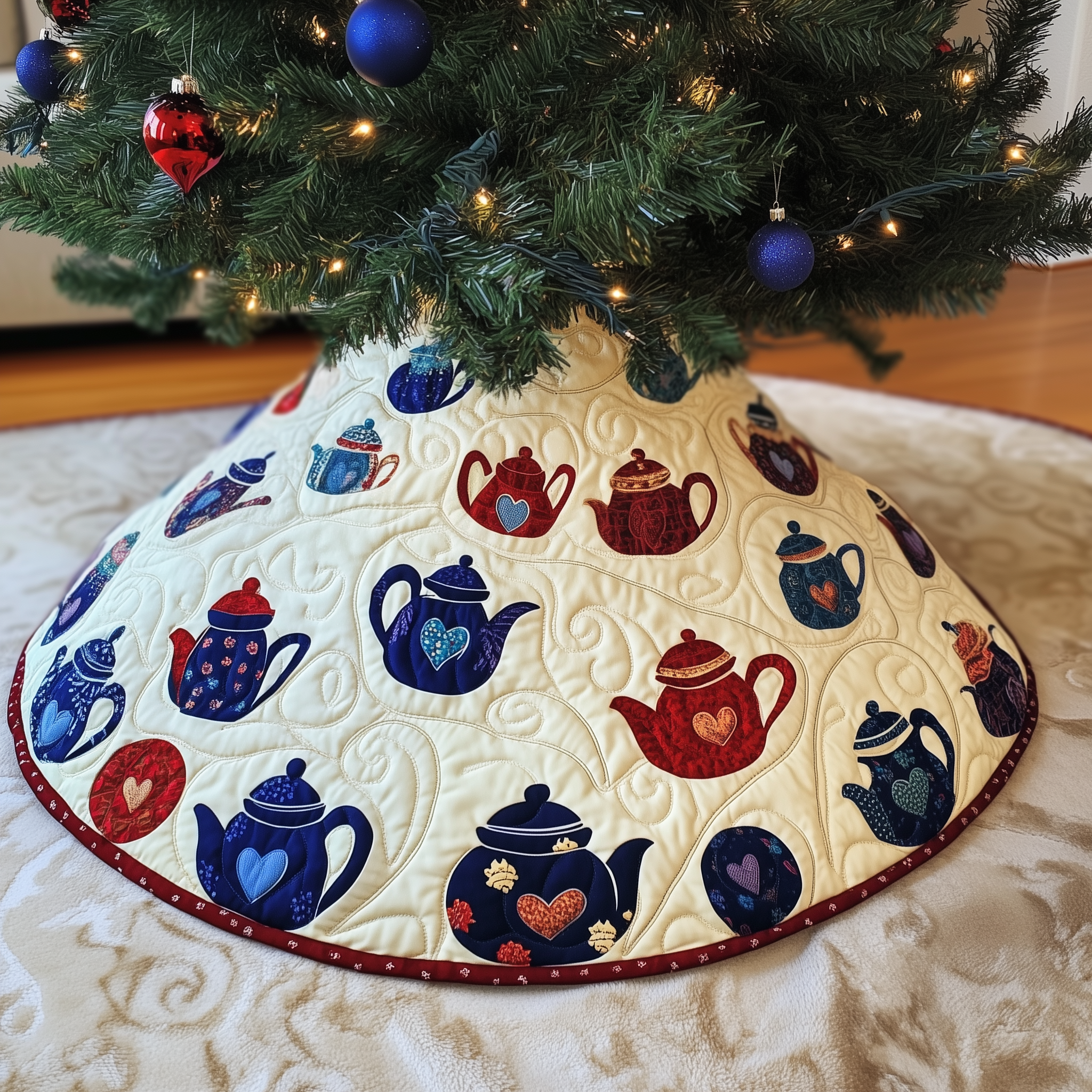 Christmas Teapot Quilted Tree Skirt Xmas Tree Base Cover Decorations Christmas Presents For Tea Lovers