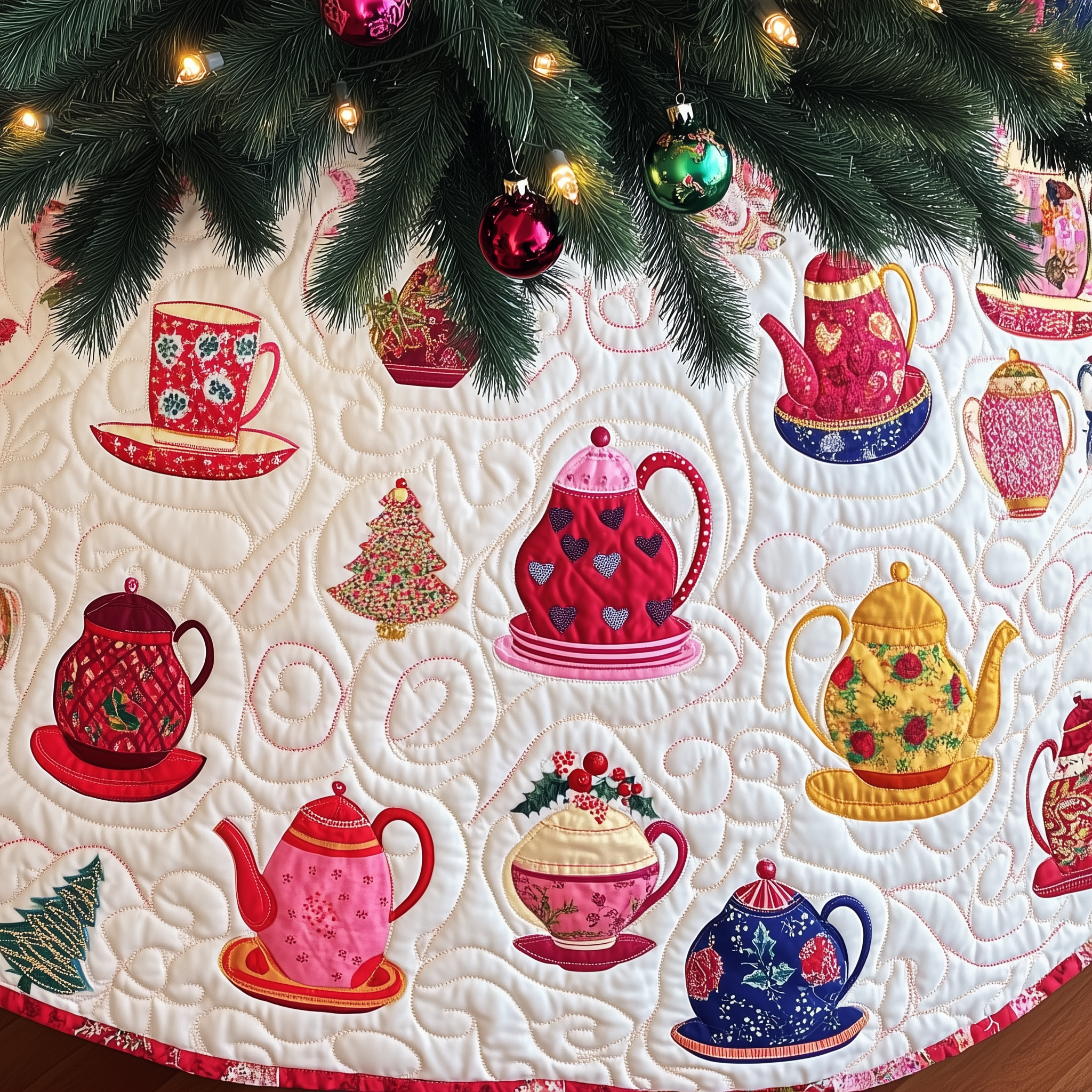 Christmas Teapot Quilted Tree Skirt Xmas Tree Base Cover Decorations Christmas Presents For Tea Lovers