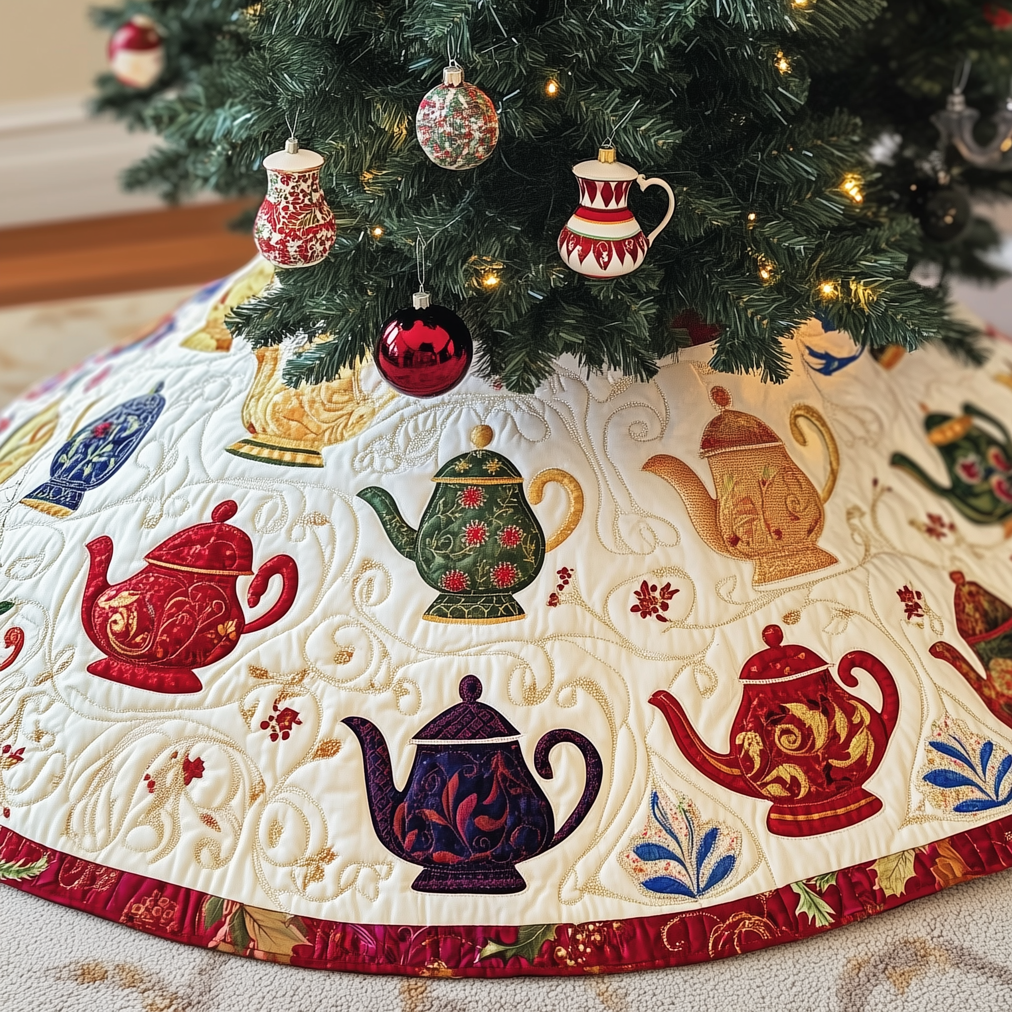 Christmas Teapot Quilted Tree Skirt Xmas Tree Base Cover Decorations Christmas Presents For Tea Lovers