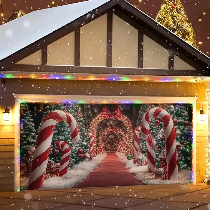 Christmas Themed Backdrop With Giant Canes Garage Door Cover Sweet Holiday Gara Decorations