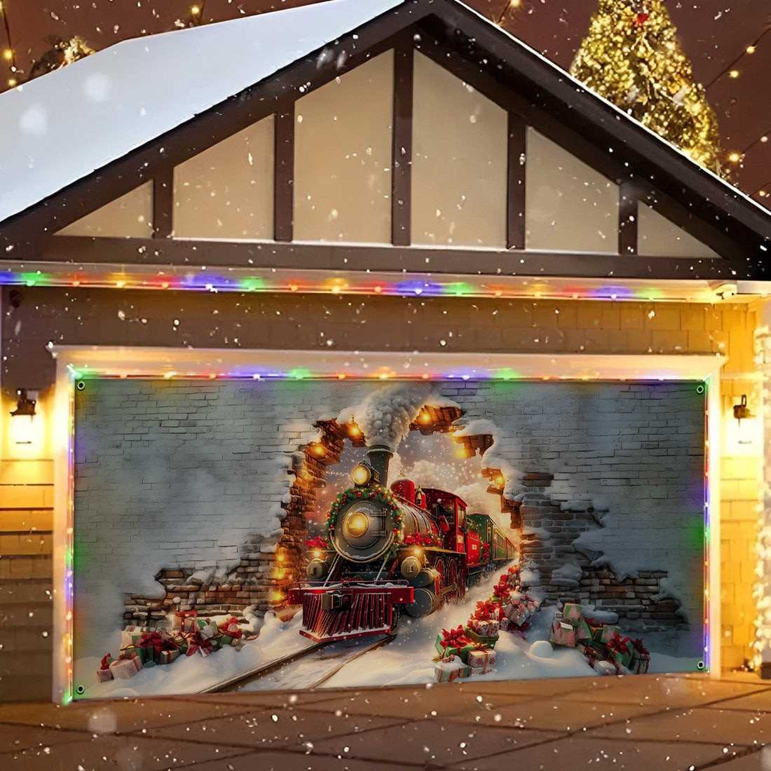 Christmas Train Garage Door Cover Wall Breakthrough Holiday Outdoor Decoration