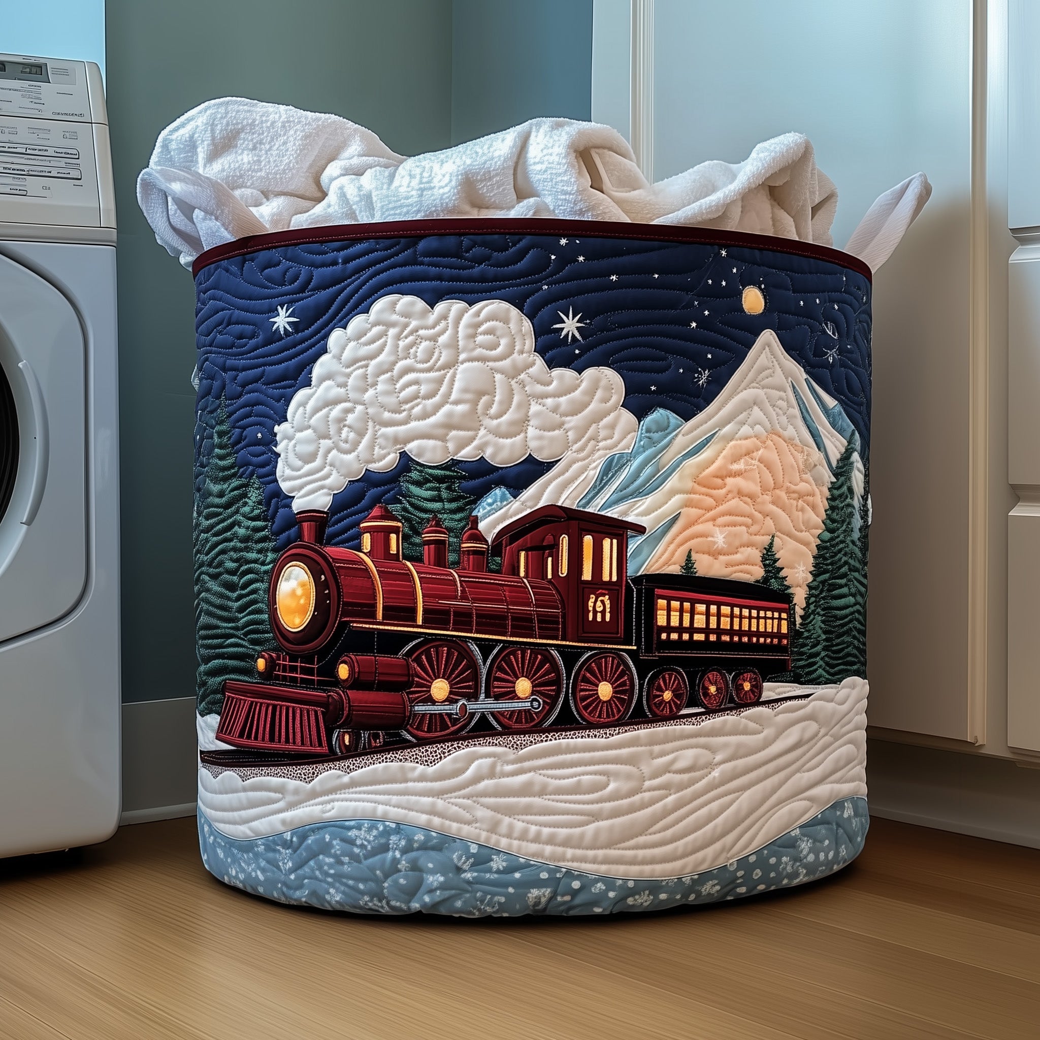 Christmas Train Quilted Laundry Basket Valentine's Day Merch Gift