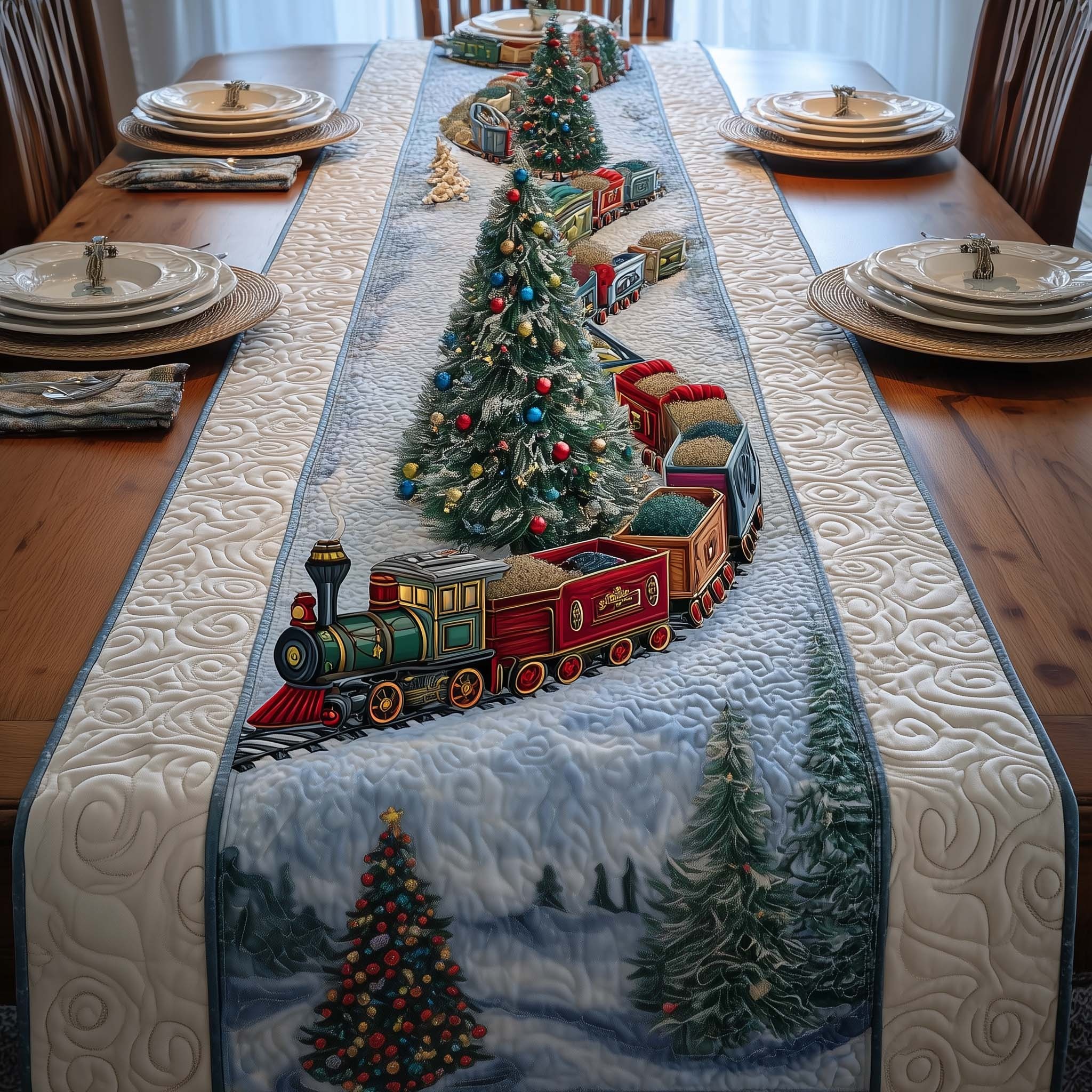 Christmas Train Quilted Table Runner Rustic Kitchen Dining Decor Gift For Cozy Family Home