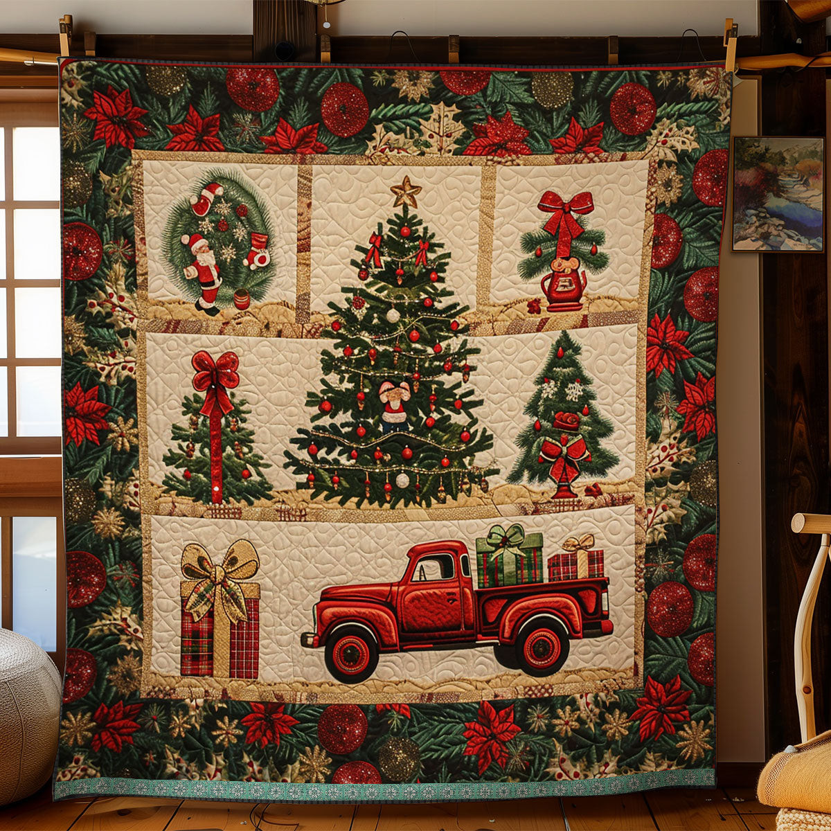 Christmas Tree And Red Truck Holiday Christmas Quilt Blanket Romantic Gifts For Couples