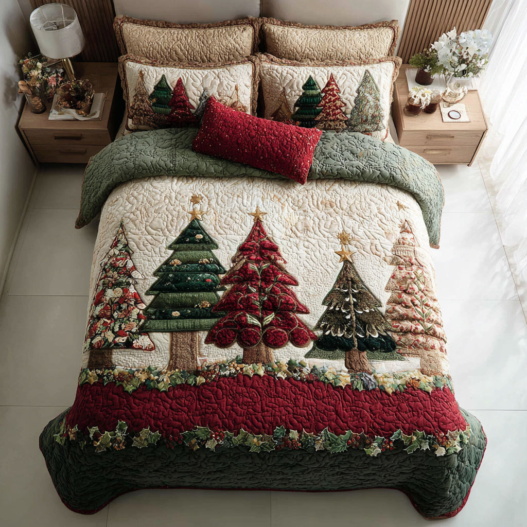 Christmas Tree Forest Quilted Bedding Set Personalized Bedding Set Gift for Couples