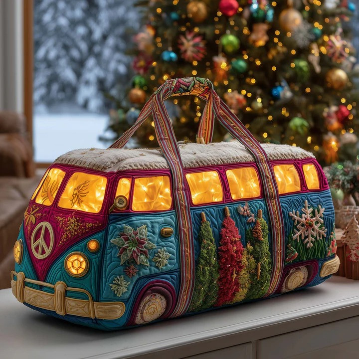 Christmas Tree Lights VW Bus Quilted Duffle Bag Holiday Snowflake Travel Bag Gift For Christmas