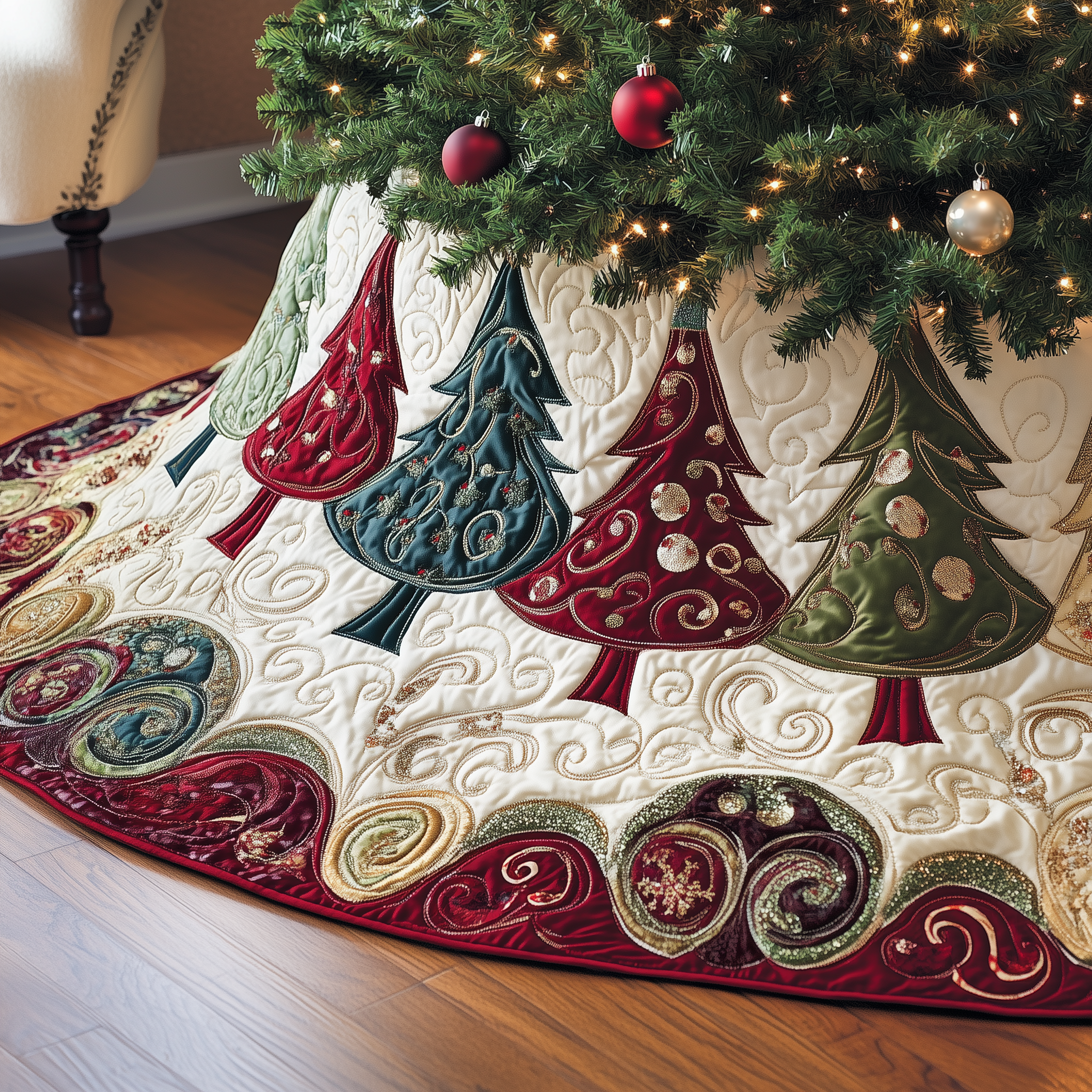 Christmas Tree Quilted Tree Skirt Seasonal Tree Area Decoration Xmas Under-Tree Decoration