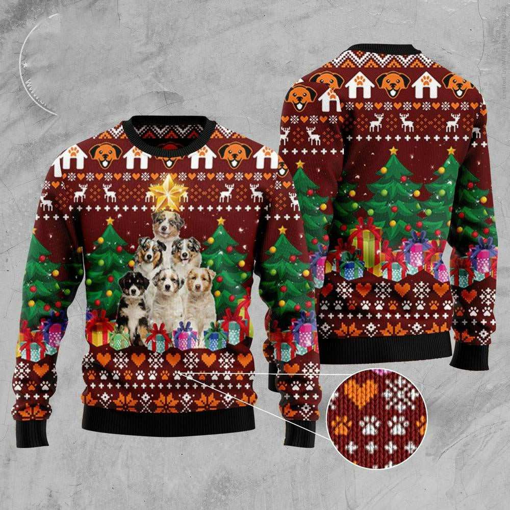 Christmas Tree Ugly Sweater Australian Shepherd Pine Tree Ugly Christmas Sweater Gifts For Couples