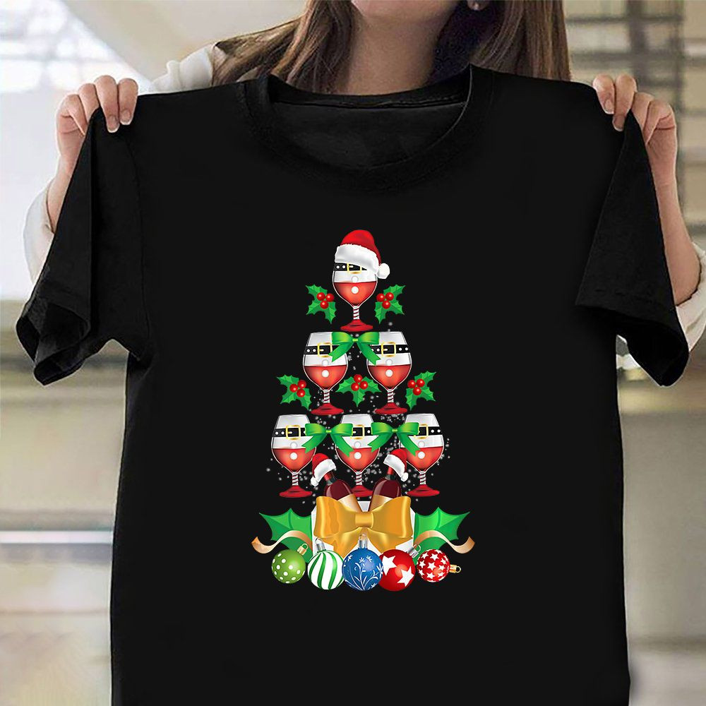 Christmas Tree Wine Glasses Xmas Ornaments Wine T-Shirt Christmas Tee Wine Enthusiast Gifts(1)