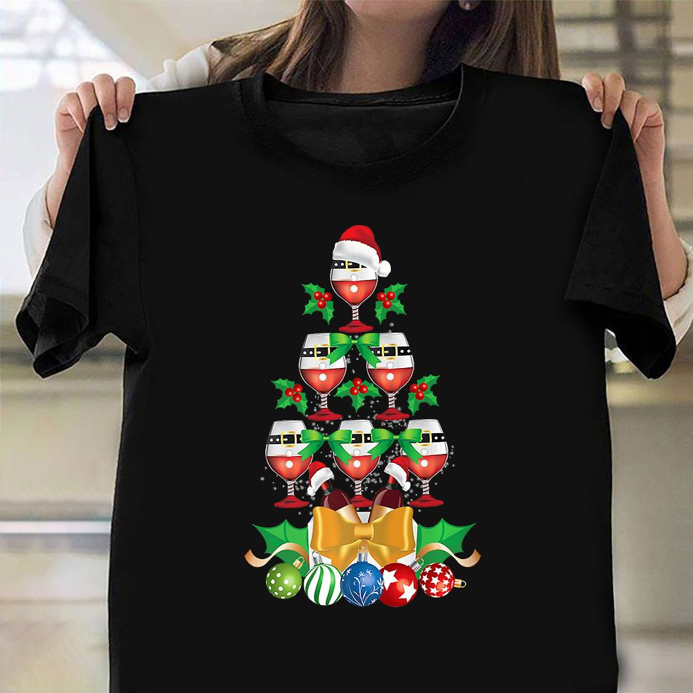 Christmas Tree Wine Glasses Xmas Ornaments Wine T-Shirt Christmas Tee Wine Enthusiast Gifts(2)