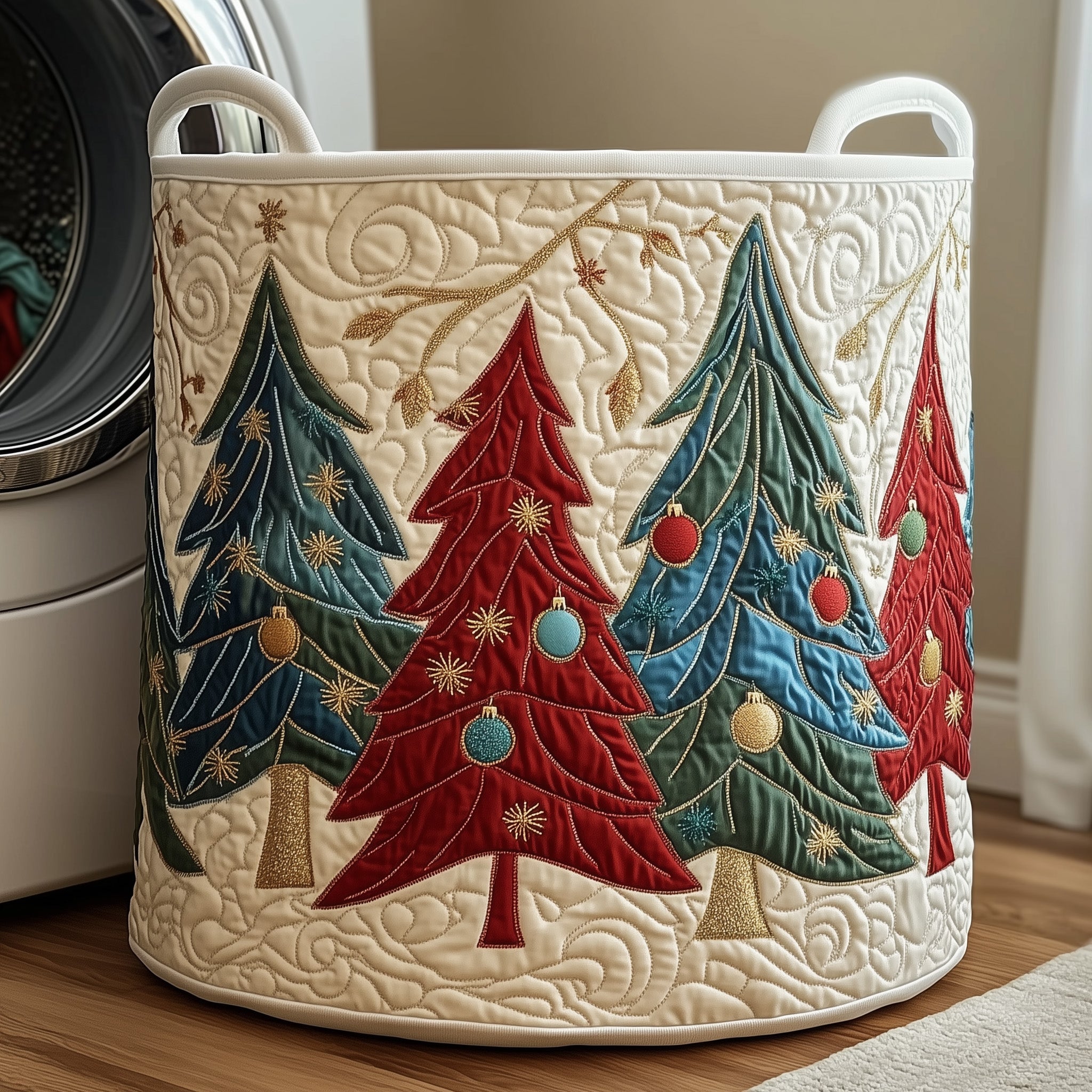 Christmas Trees Quilted Laundry Basket Holiday Season Merch