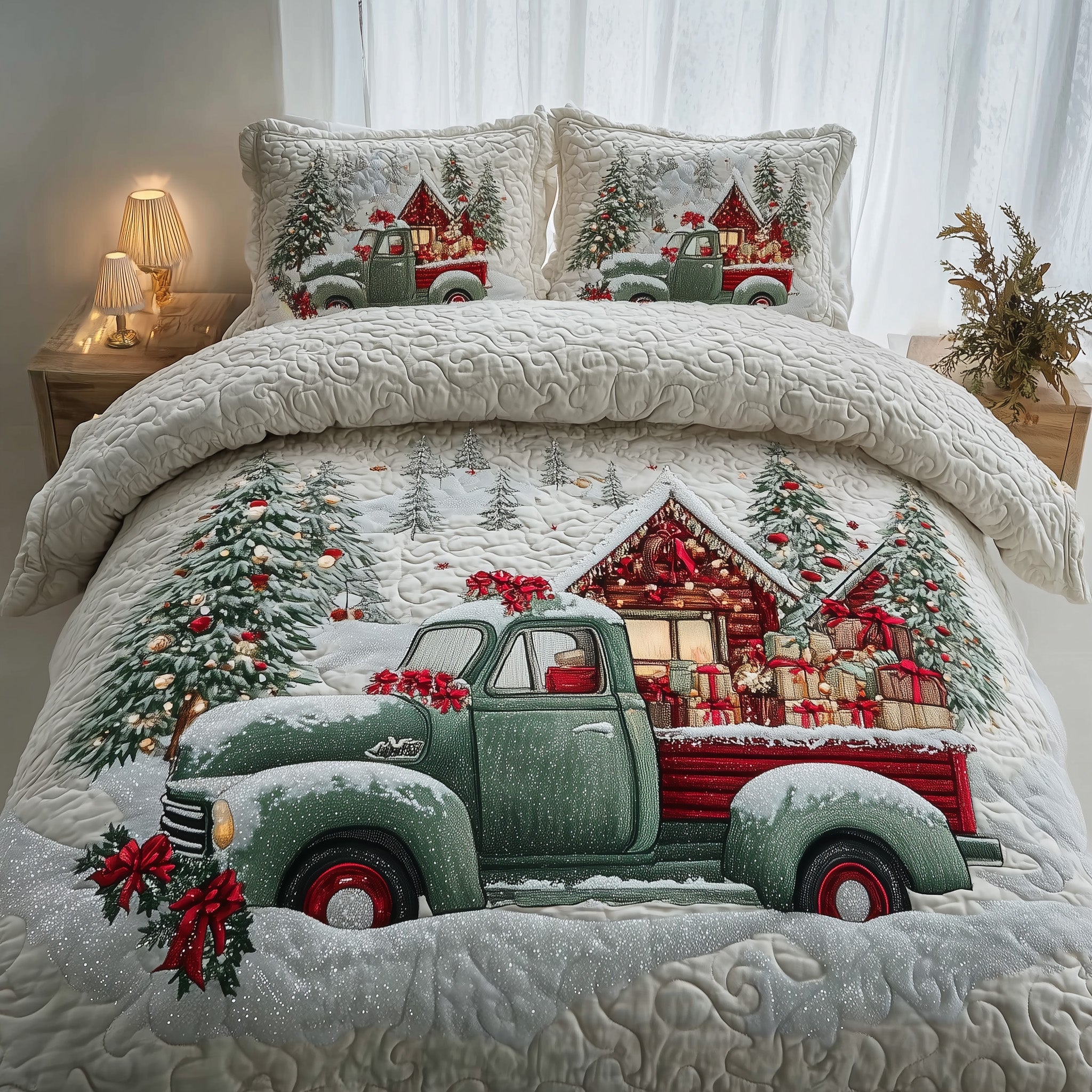 Christmas Truck Quilted Bedding Set Cozy Bedroom