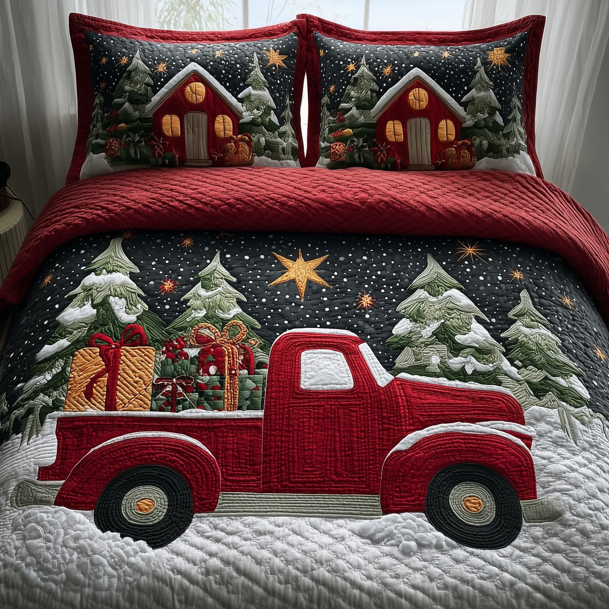 Christmas Truck Quilted Bedding Set Floral Print