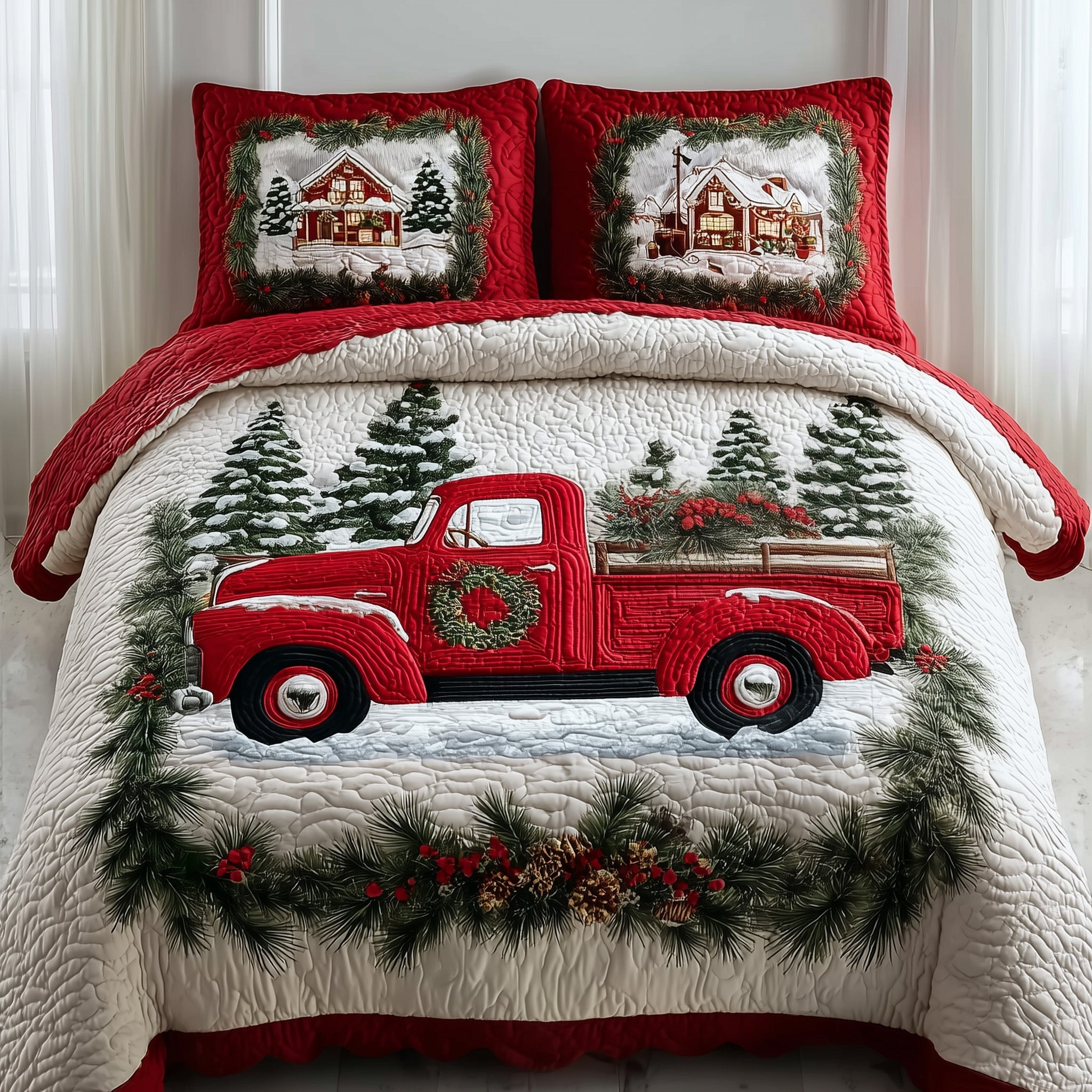 Christmas Truck Quilted Bedding Set Geometrical Pattern