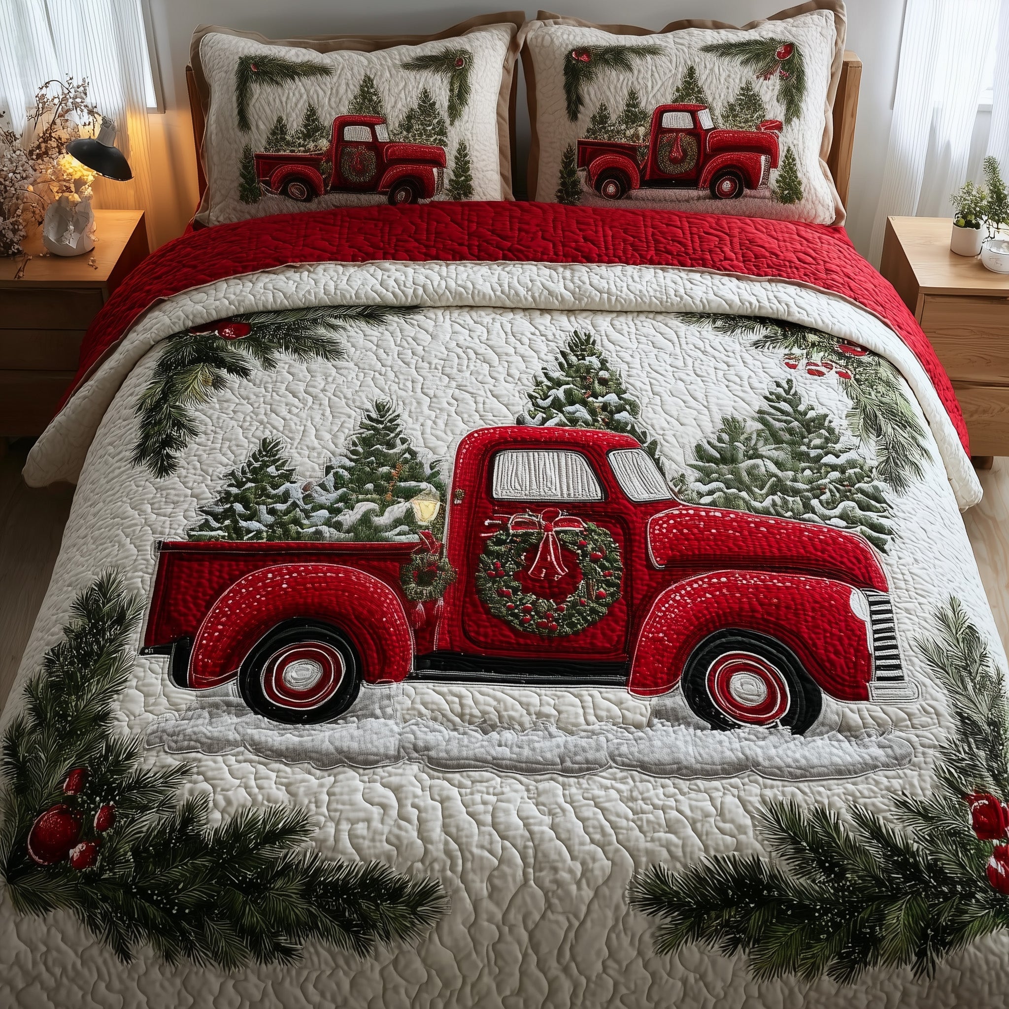 Christmas Truck Quilted Bedding Set Solid Color
