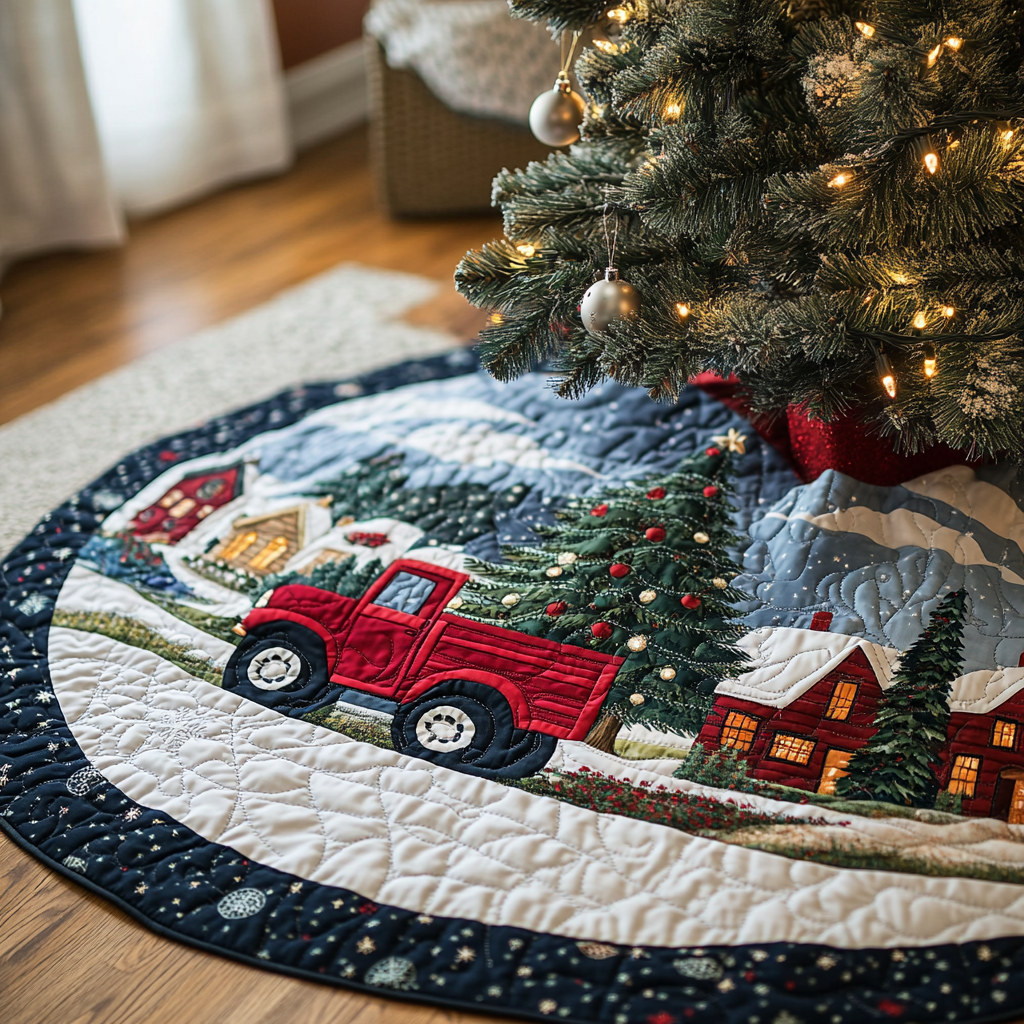 Christmas Truck Quilted Christmas Tree Skirt Family Holiday Gathering Decor Holiday Tree Base Decoration