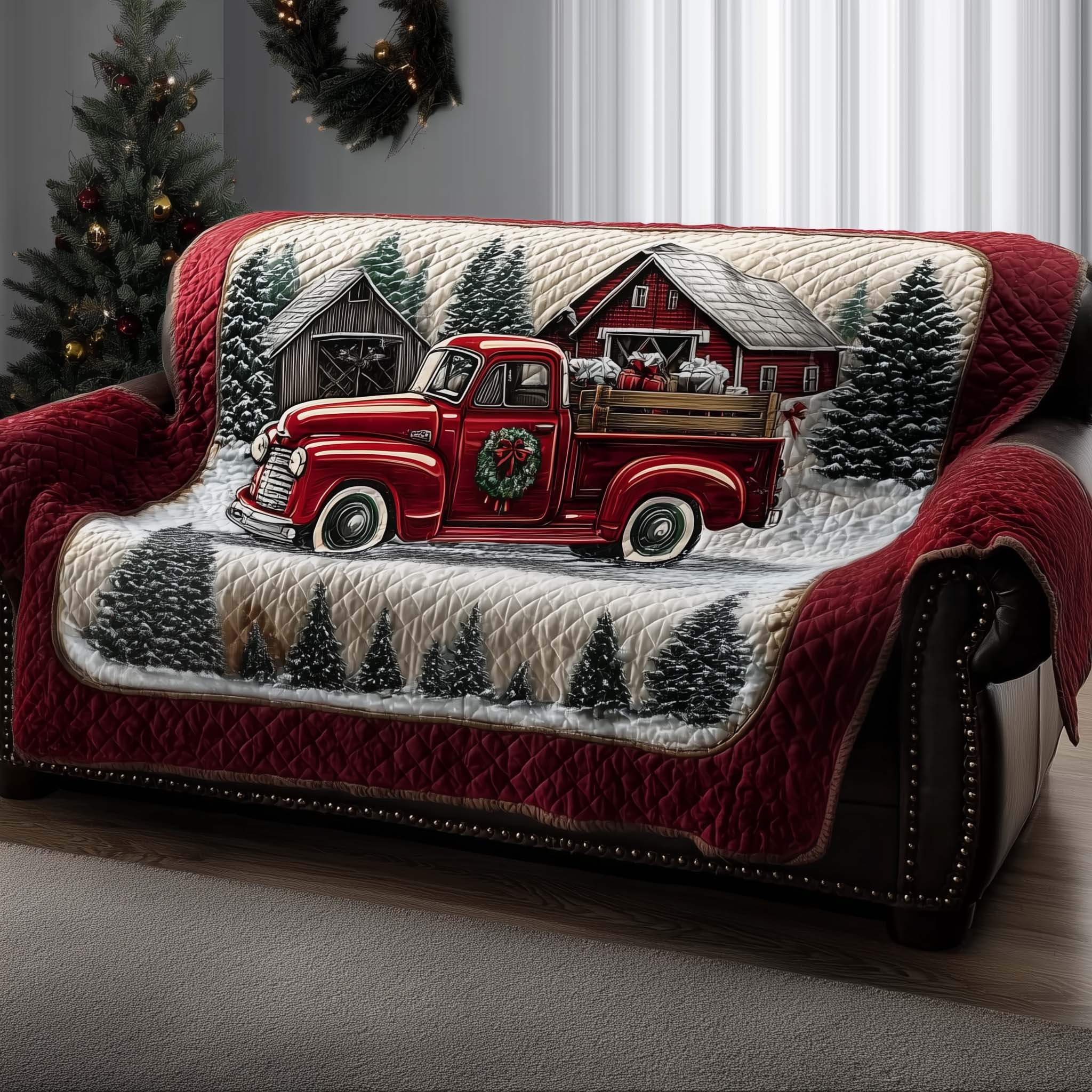 Christmas Truck Quilted Sofa Cover Christmas Sofa Protector High Quality Gift For Truck Lovers