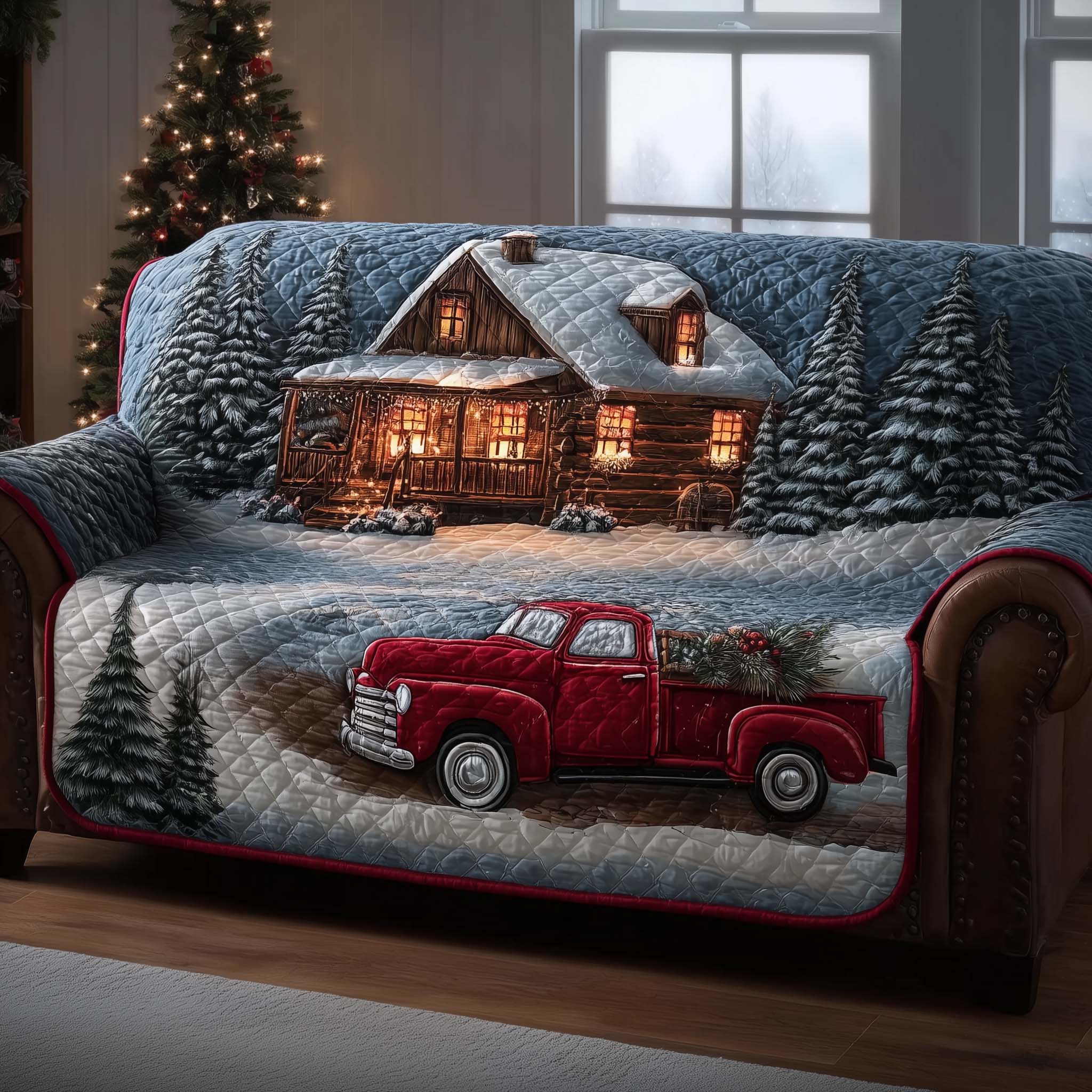 Christmas Truck Quilted Sofa Cover Festive Car Guard Easy To Clean Gift For Truck Lovers