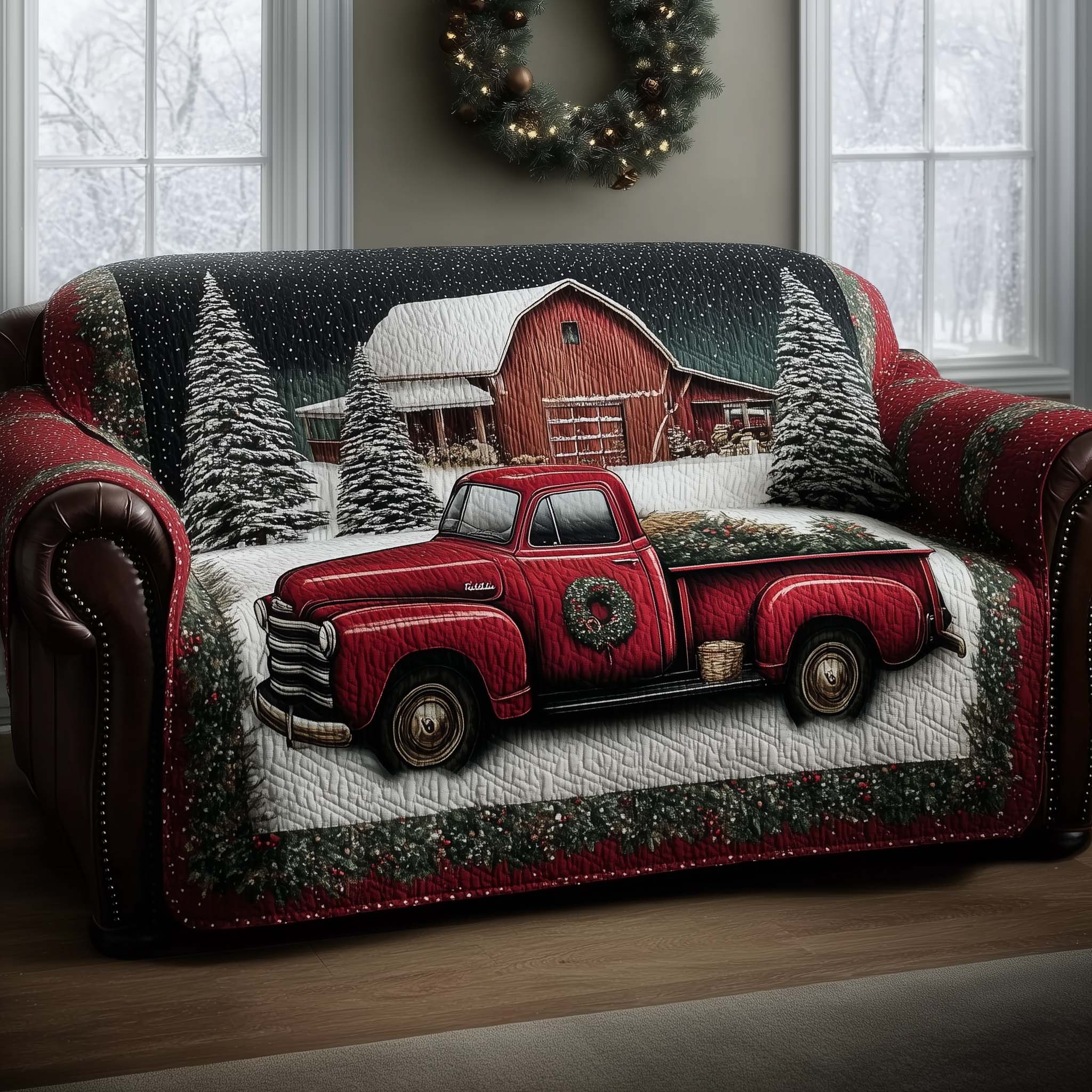 Christmas Truck Quilted Sofa Cover Festive Car Protector Soft Texture Gift For Truck Lovers