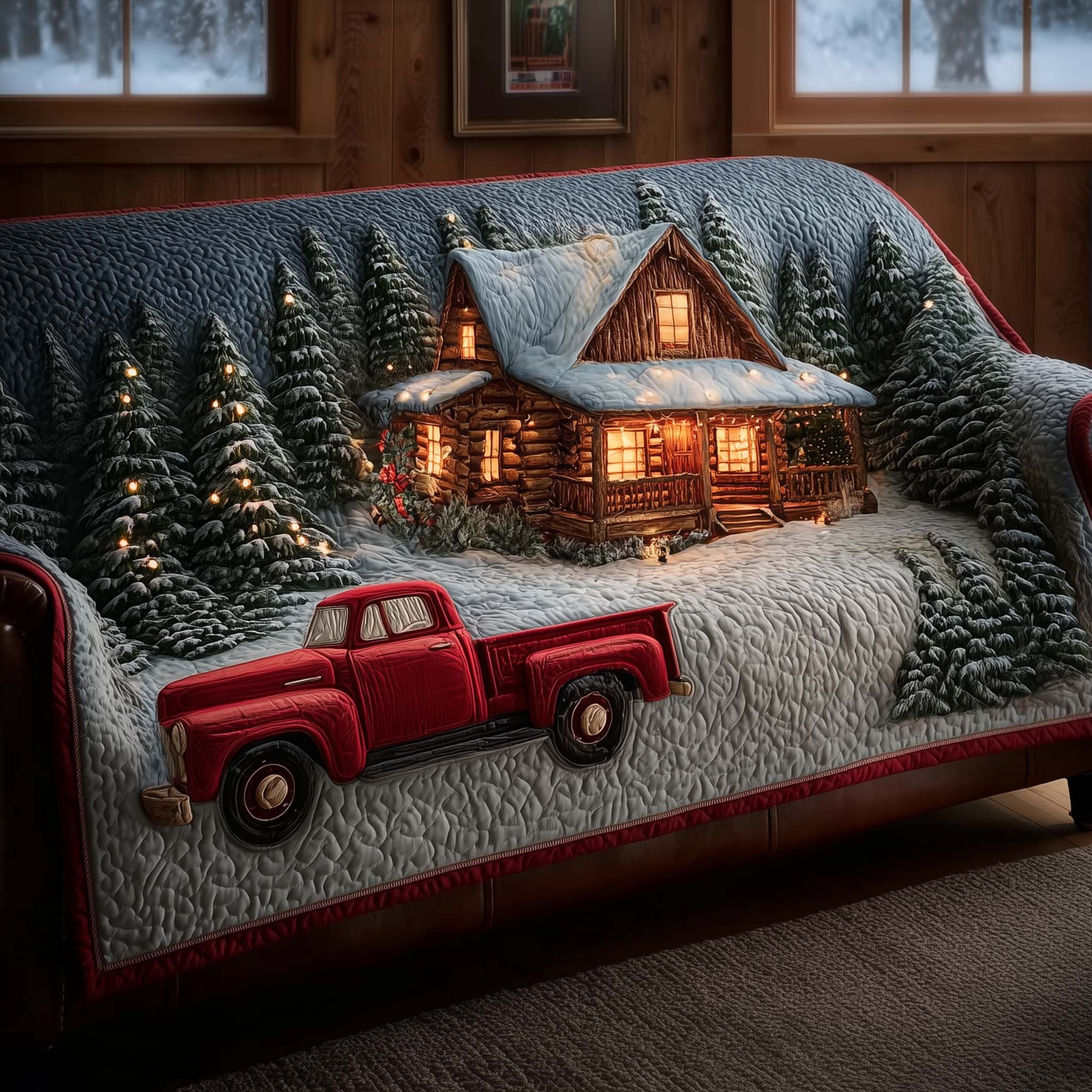 Christmas Truck Quilted Sofa Cover Festive Durable Sofa Guard Gift For Truck Lovers