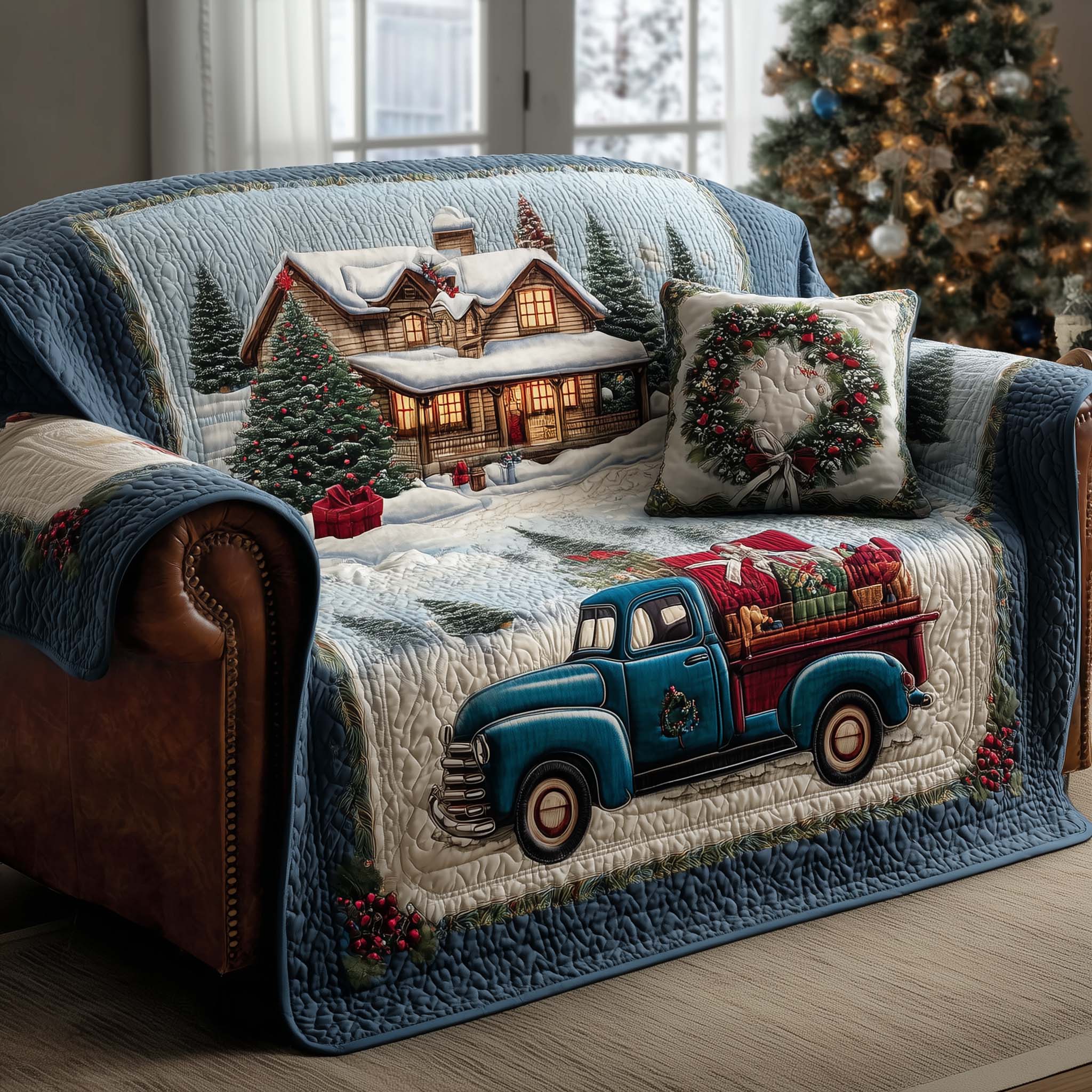 Christmas Truck Quilted Sofa Cover Vehicle Sofa Cover Anti-Slip Gift For Truck Lovers