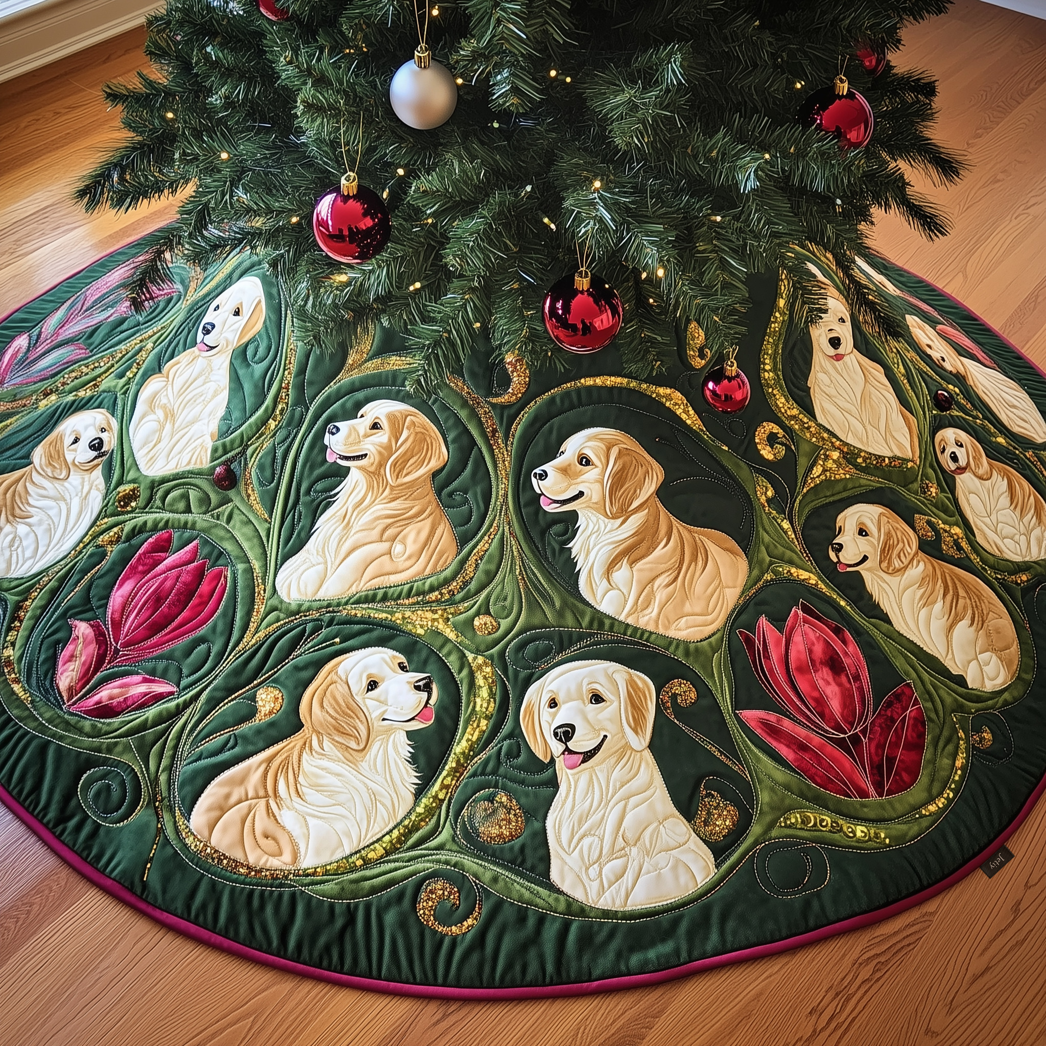 Christmas Tulip Golden Retriever Quilted Tree Skirt Cozy Home Decor Gift Merch