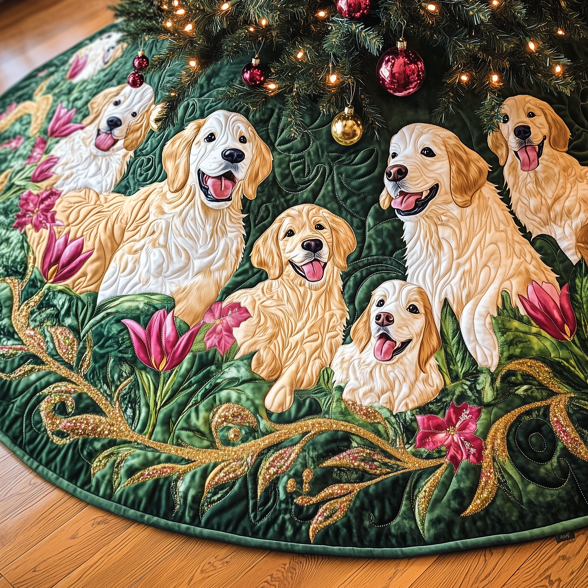 Christmas Tulip Golden Retriever Quilted Tree Skirt Lovely Gift Merch For Couples