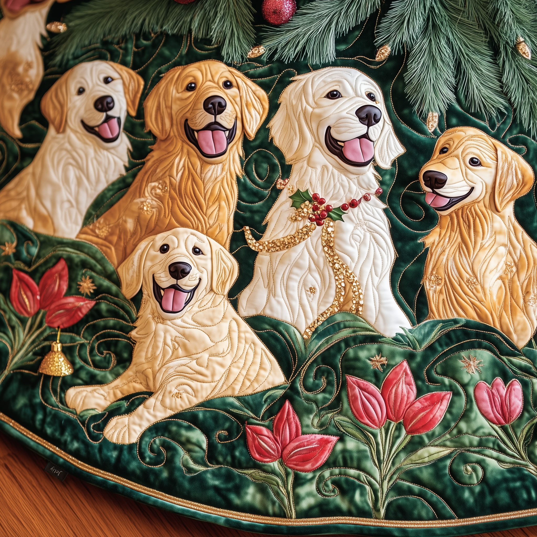 Christmas Tulip Golden Retriever Quilted Tree Skirt Xmas Tree Base Cover Golden Retriever Christmas Decorations