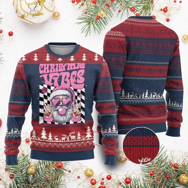 Christmas Vibes Ugly Sweater Funny Pink Santa And Racing Flag Jumper Gifts For Racing Lovers