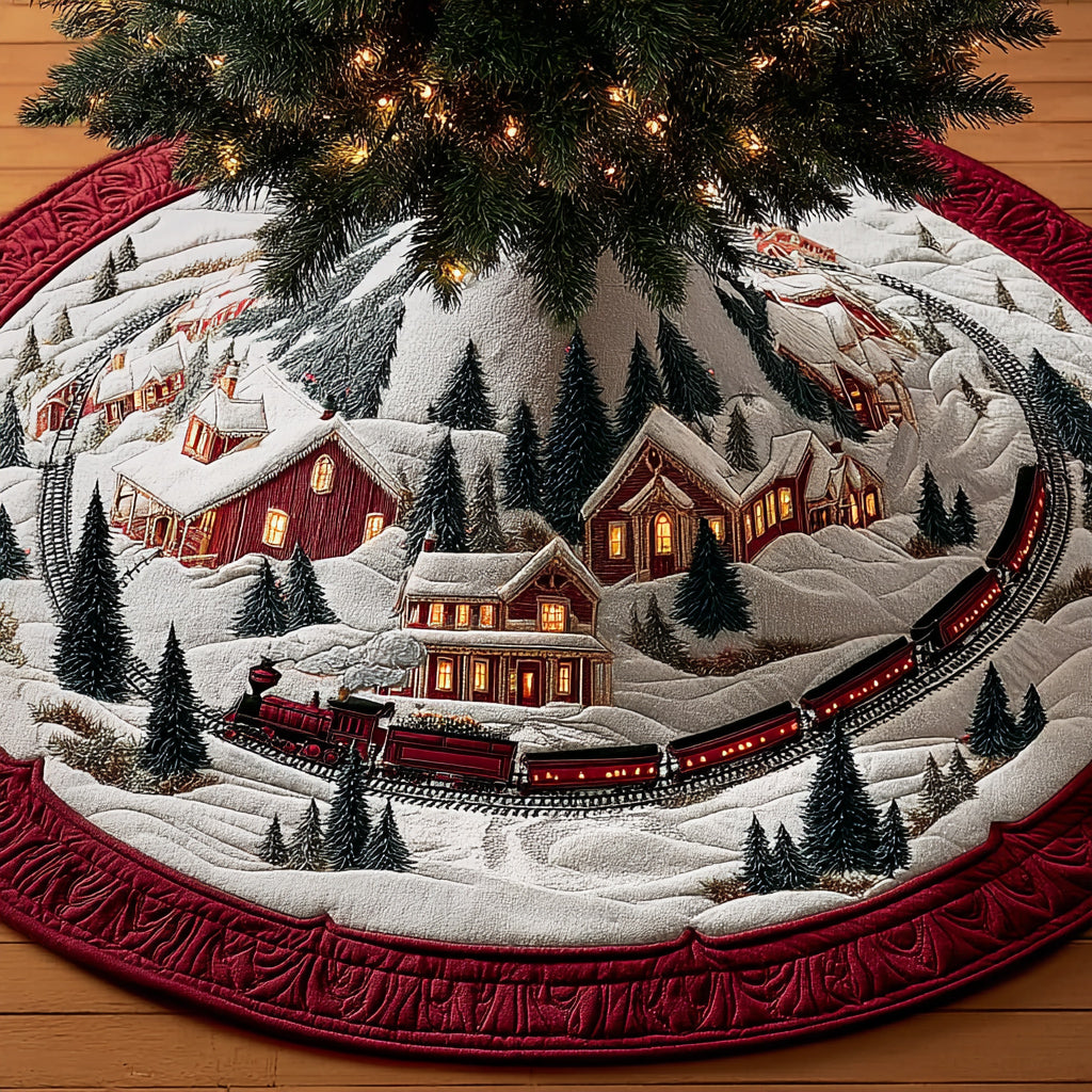 Christmas Village Alpine Express Quilted Christmas Tree Skirt Holiday Decor Secret Santa Gifts