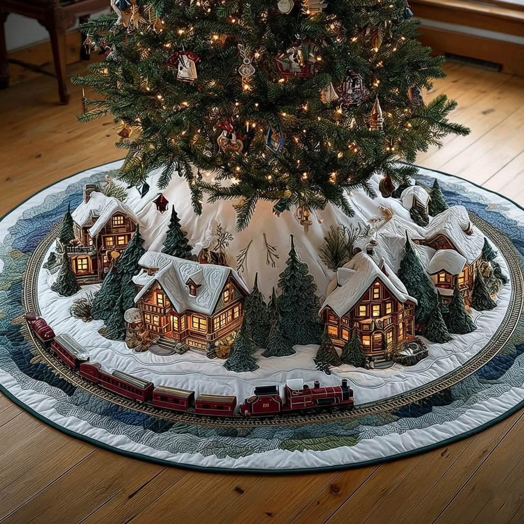 Christmas Village Festive Train Quilted Christmas Tree Skirt Holiday Decorations Indoor Best Christmas Gift Ideas