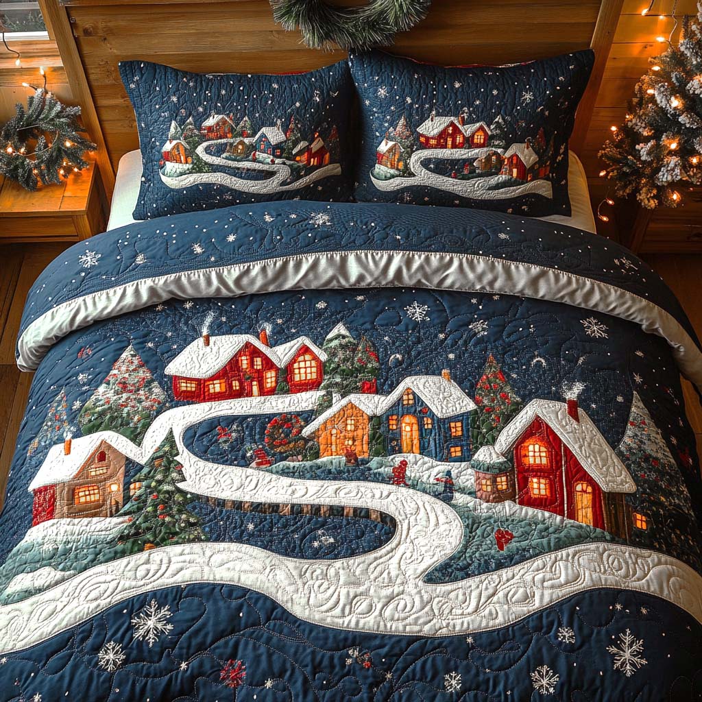 Christmas Village Glow Quilted Bedding Set Cute Room Decor Nice Christian Gifts