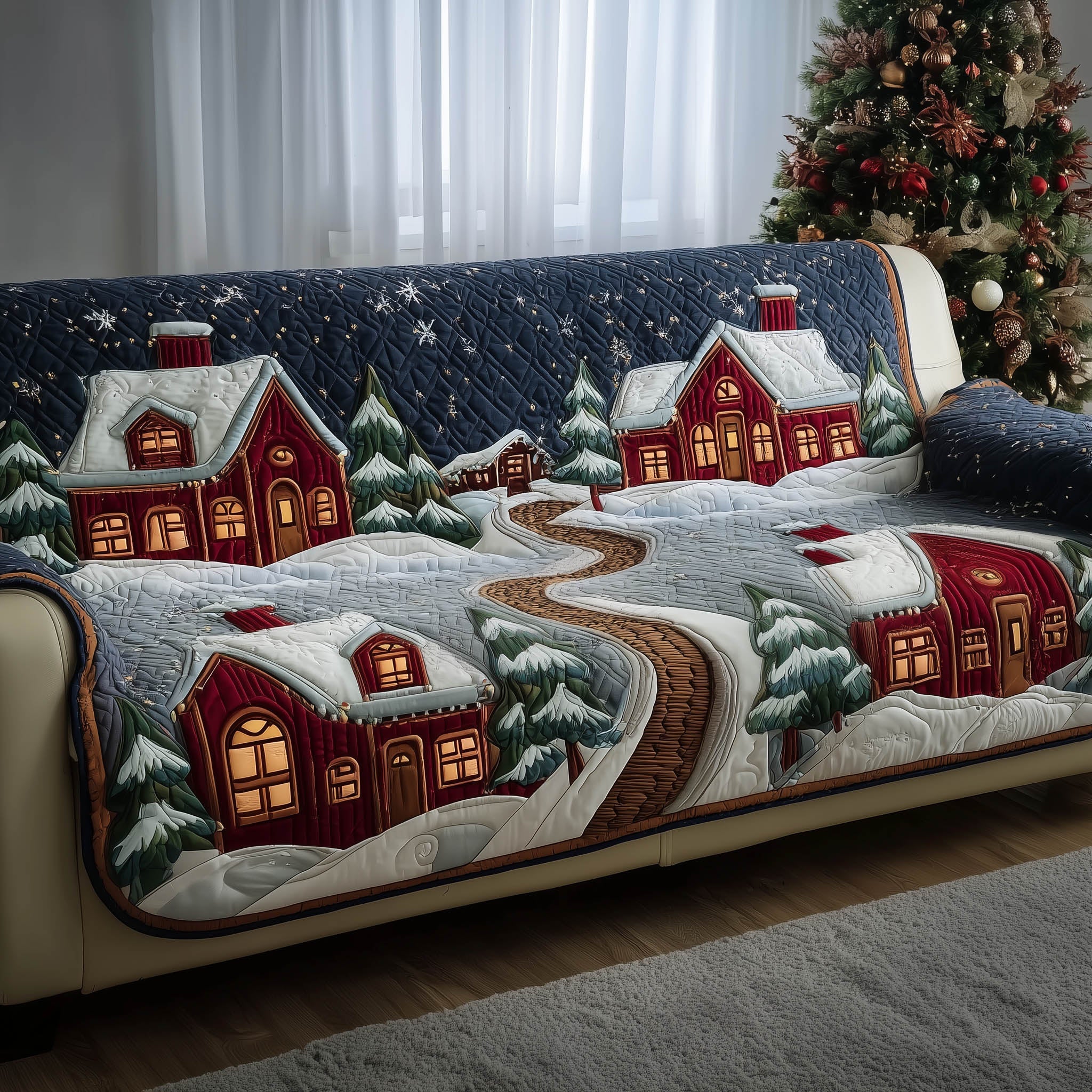 Christmas Village Quilted Sofa Cover Detailed Holiday Village Scene Gifts For House Warming