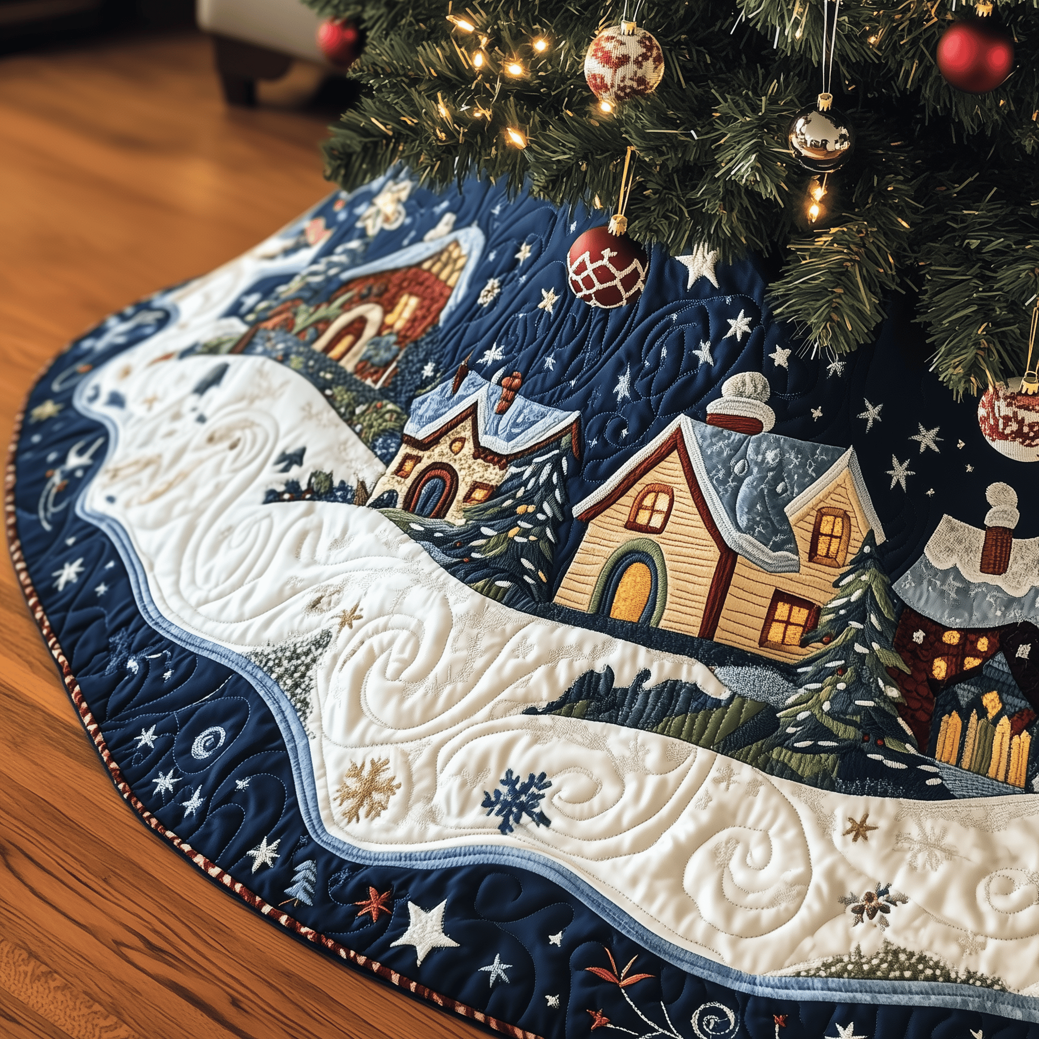 Christmas Village Quilted Tree Skirt Christmas Tree Bottom Cover Dad Gifts From Daughter For Christmas