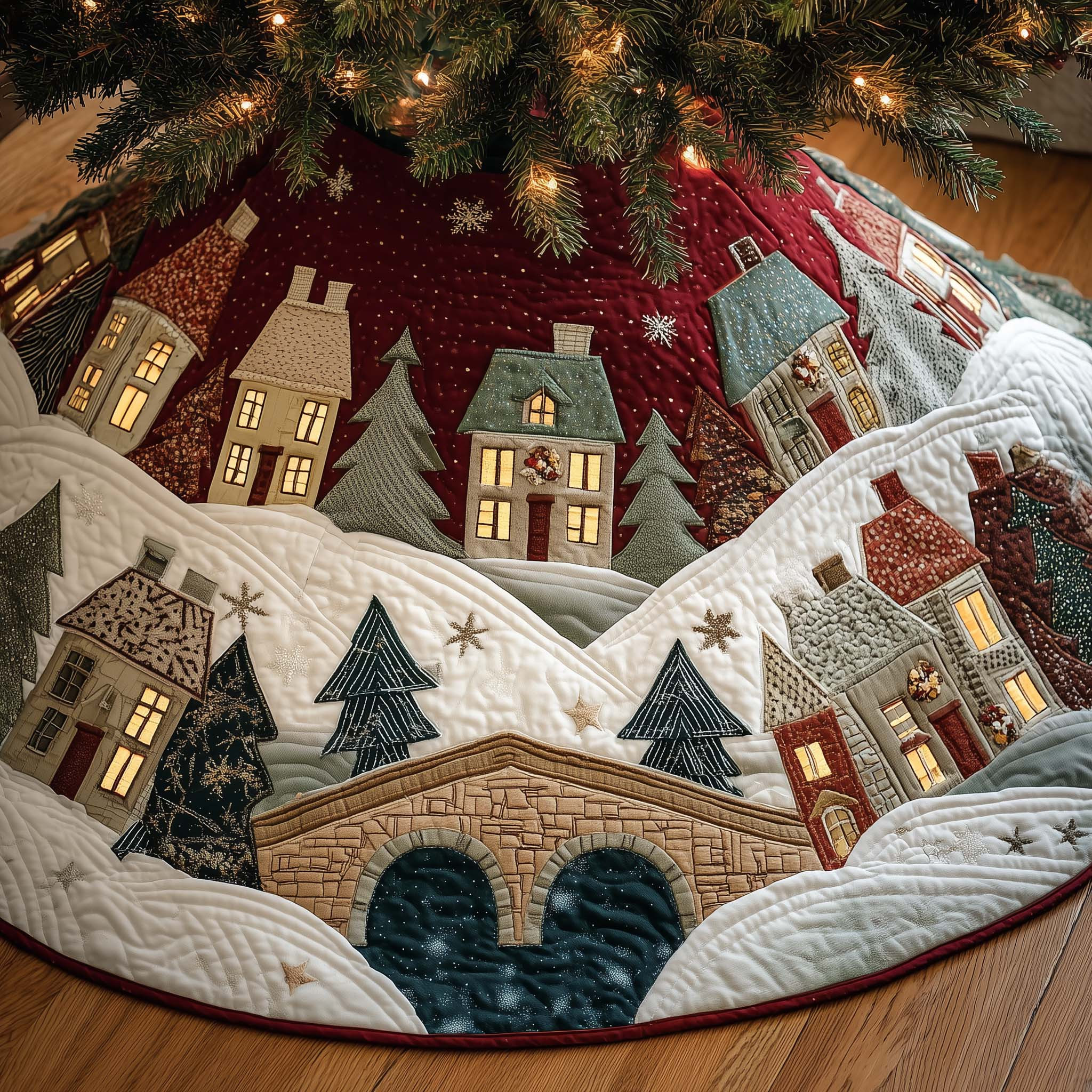 Christmas Village Quilted Tree Skirt Christmas Tree Decorations Unique Xmas Gift Ideas