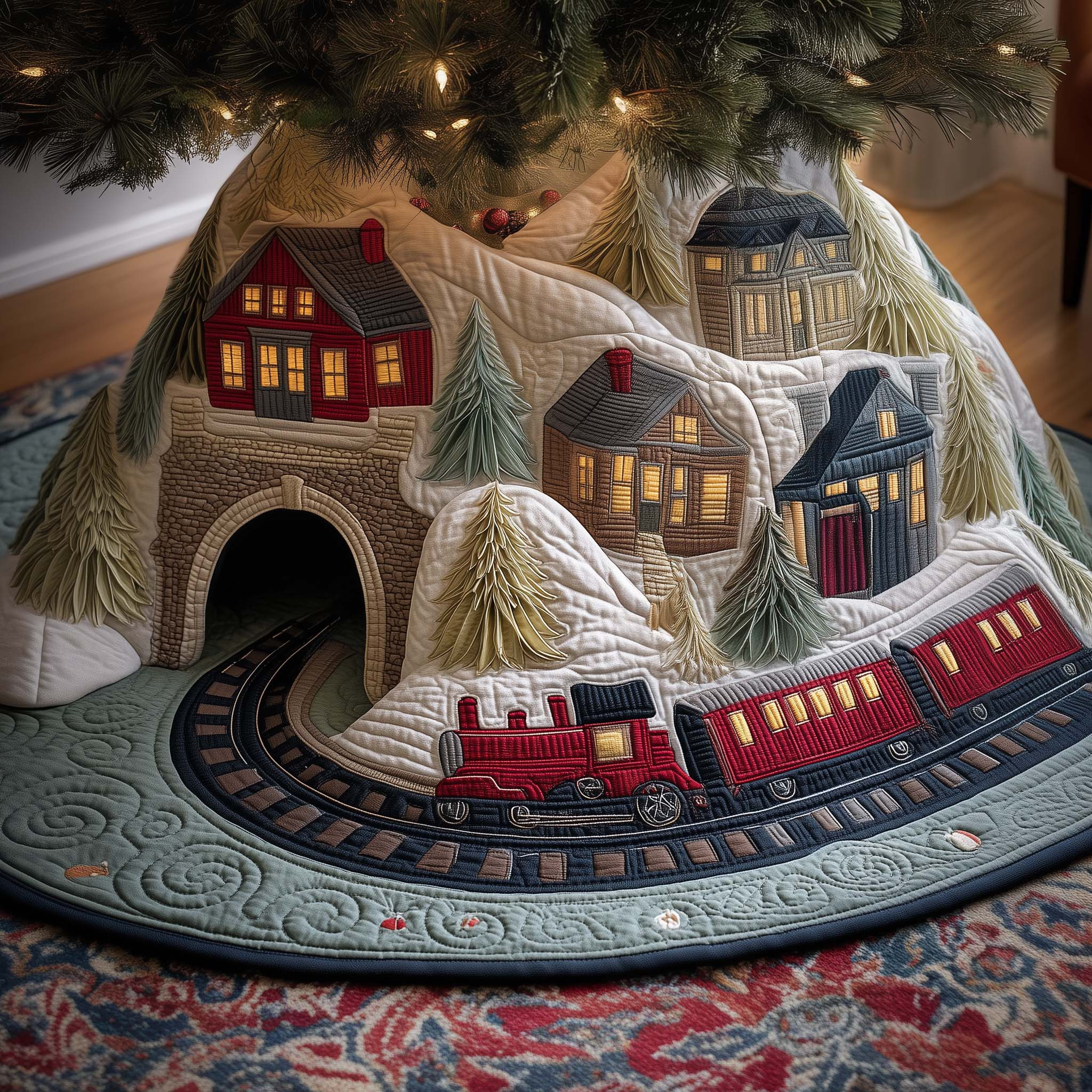 Christmas Village Quilted Tree Skirt Christmas Tree Decorations Xmas Gifts For Train Lover