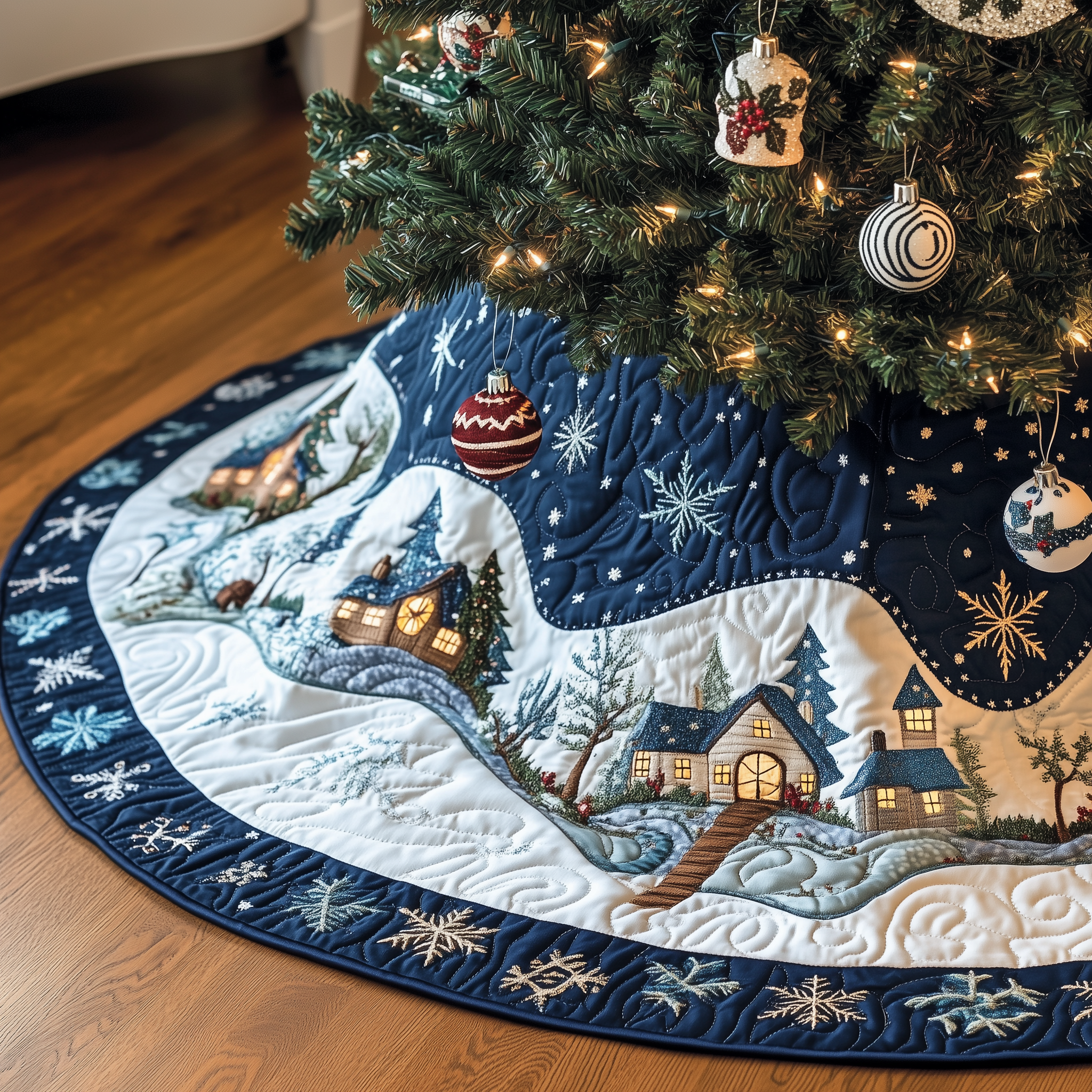 Christmas Village Quilted Tree Skirt Elegant Christmas Tree Decor Merch