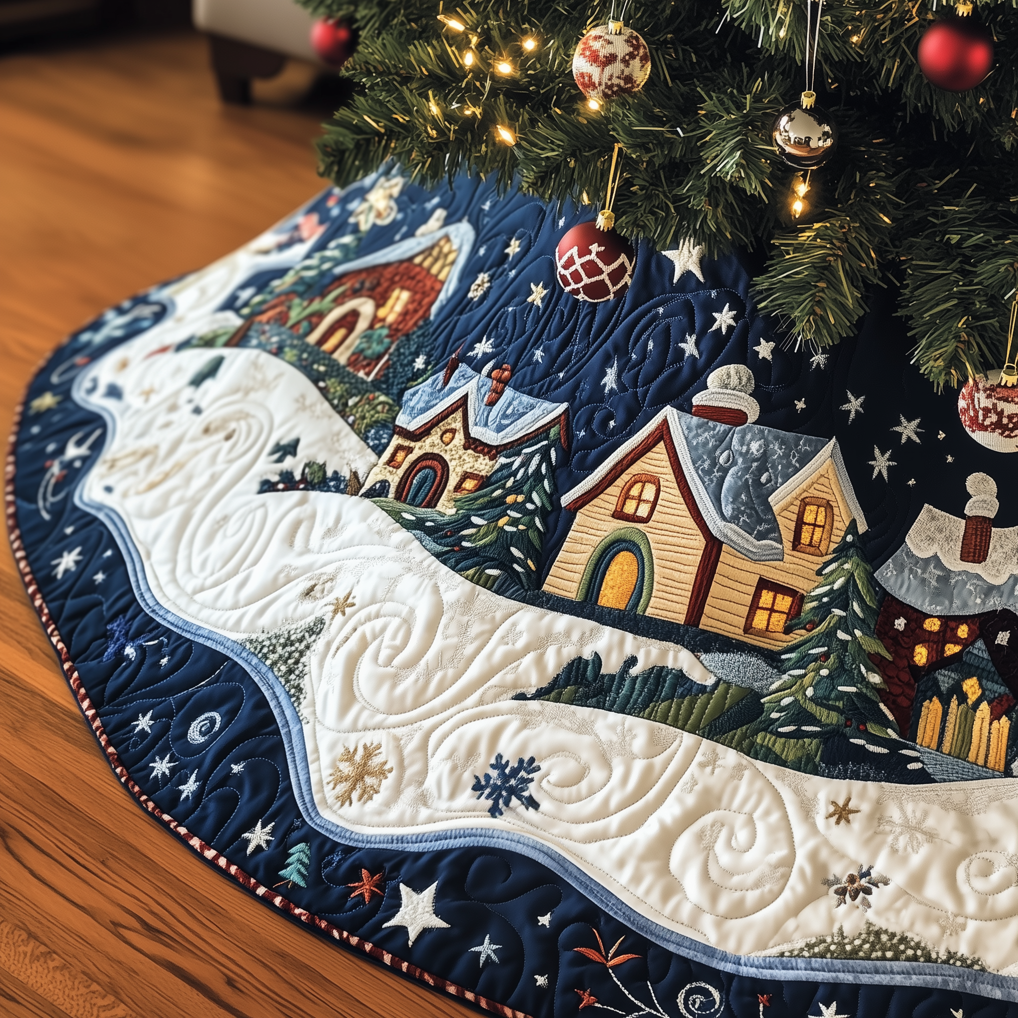 Christmas Village Quilted Tree Skirt Festive Living Room Merch