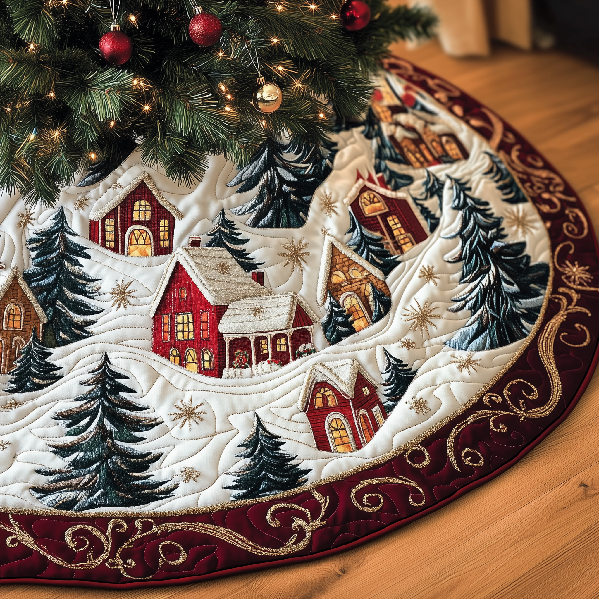 Christmas Village Quilted Tree Skirt Heartwarming Family Gathering Merch