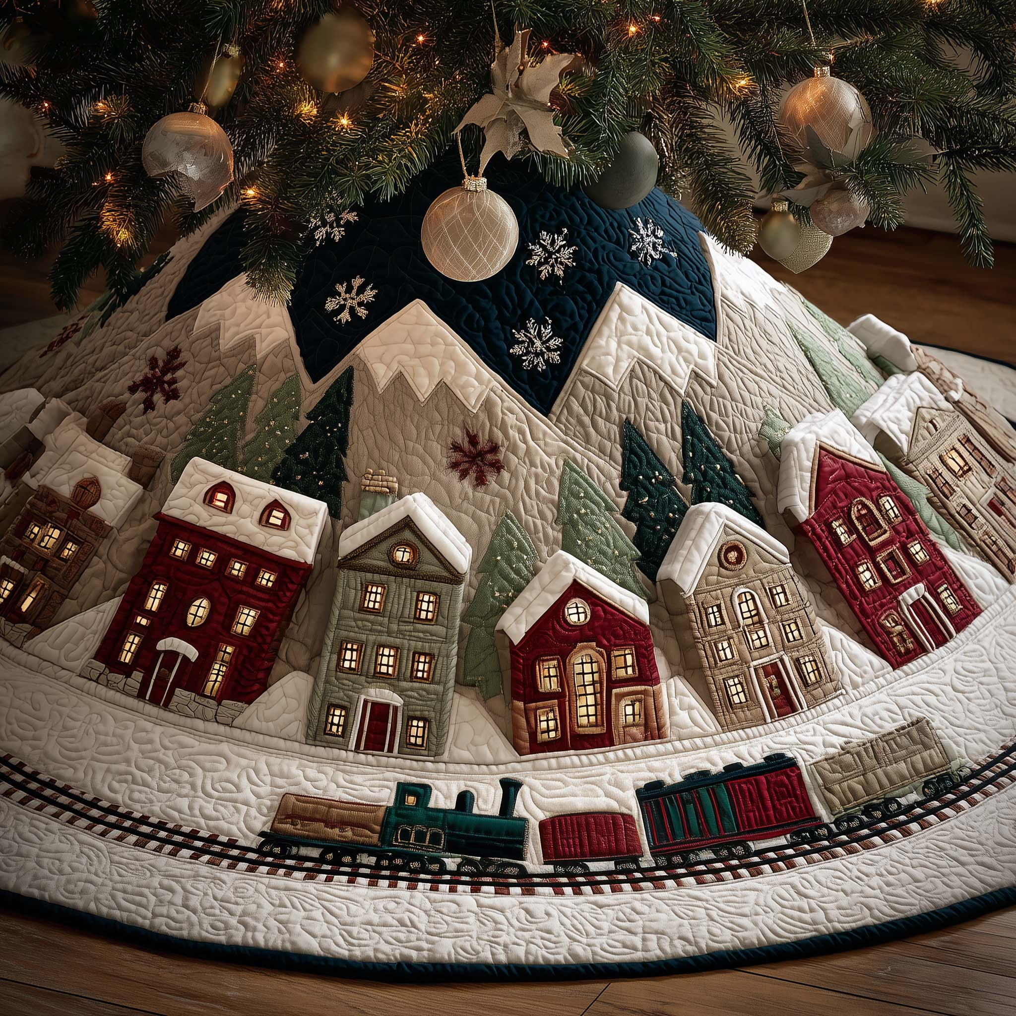 Christmas Village Quilted Tree Skirt Holiday Home Decorations Xmas Gift Ideas