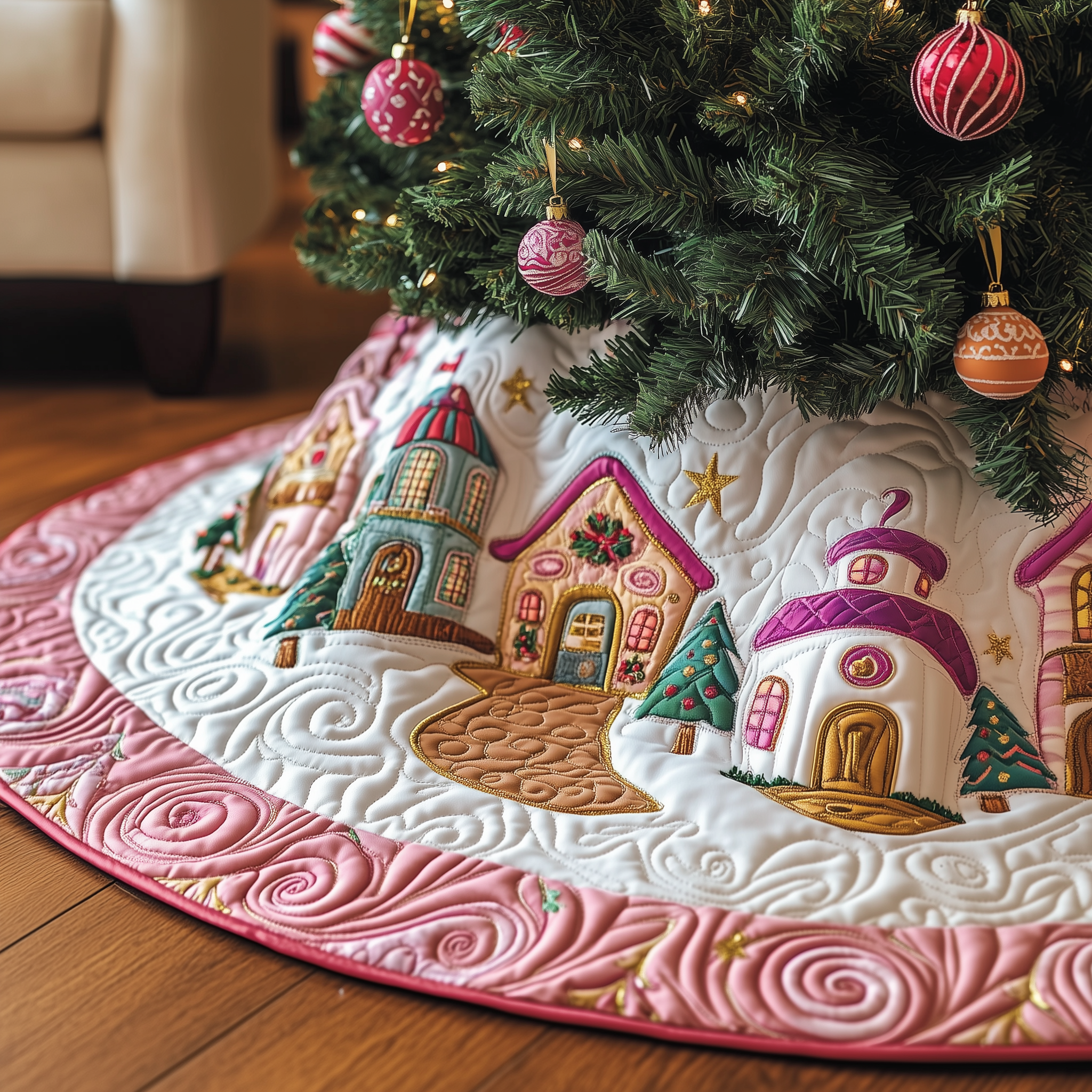 Christmas Village Quilted Tree Skirt Holiday Xmas Tree Decoration Christmas Gifts For Parents