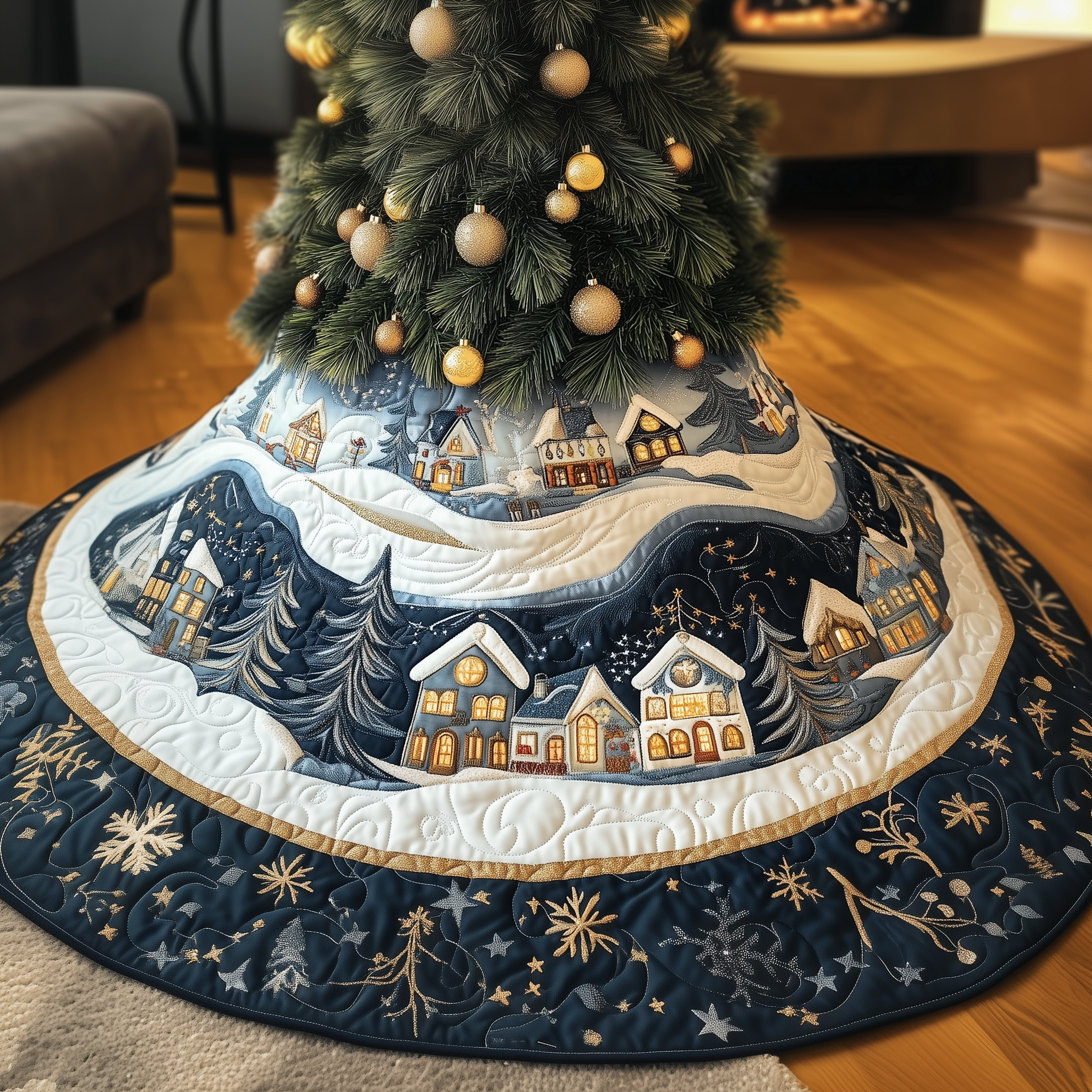 Christmas Village Quilted Tree Skirt Stylish Holiday Decor Gift Merch
