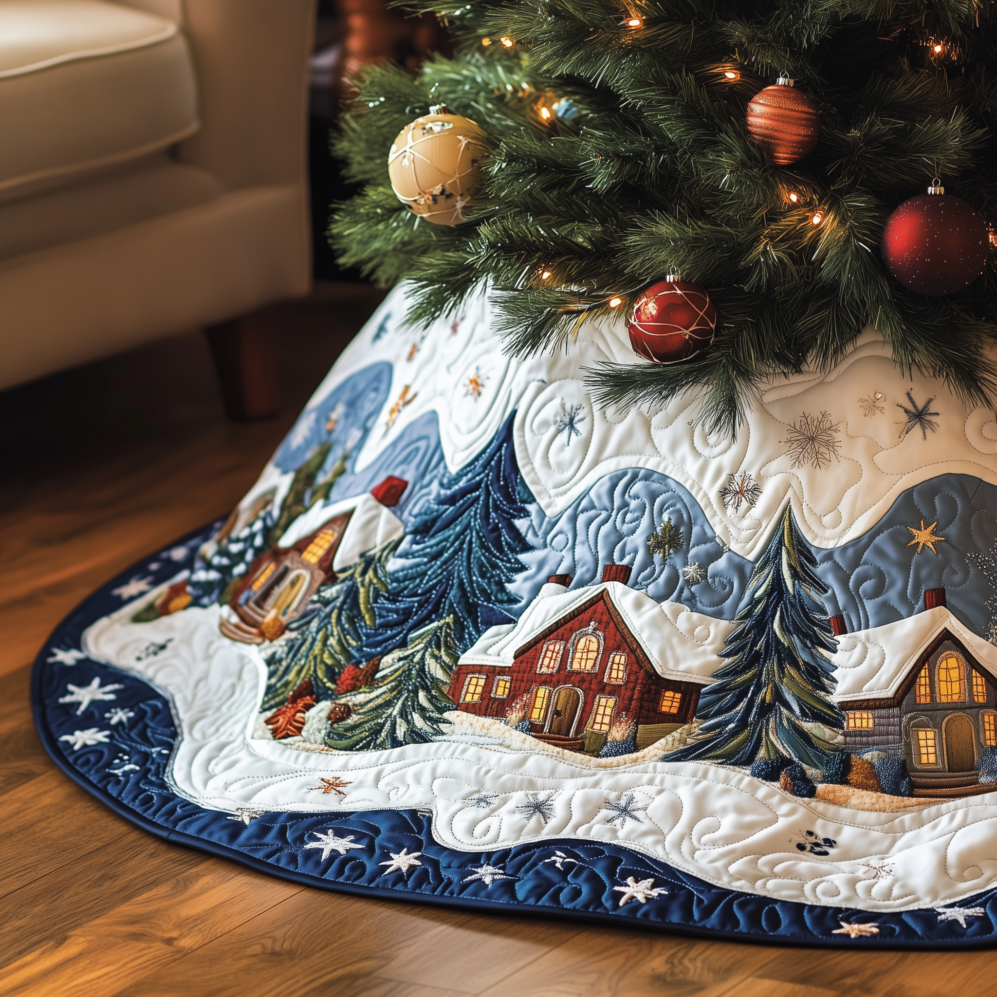 Christmas Village Quilted Tree Skirt Warm Gift Merch For Family