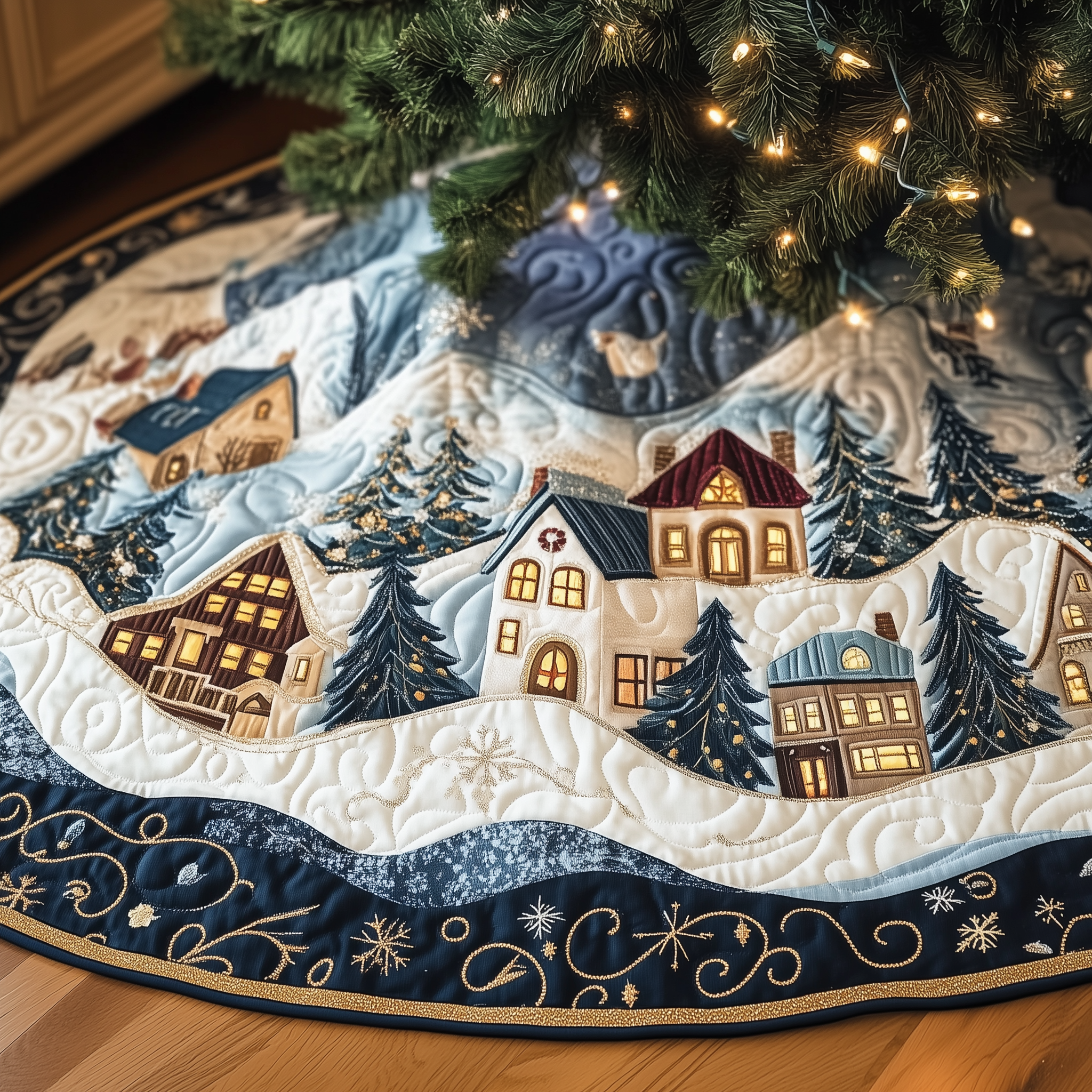 Christmas Village Quilted Tree Skirt Warm Winter Home Merch