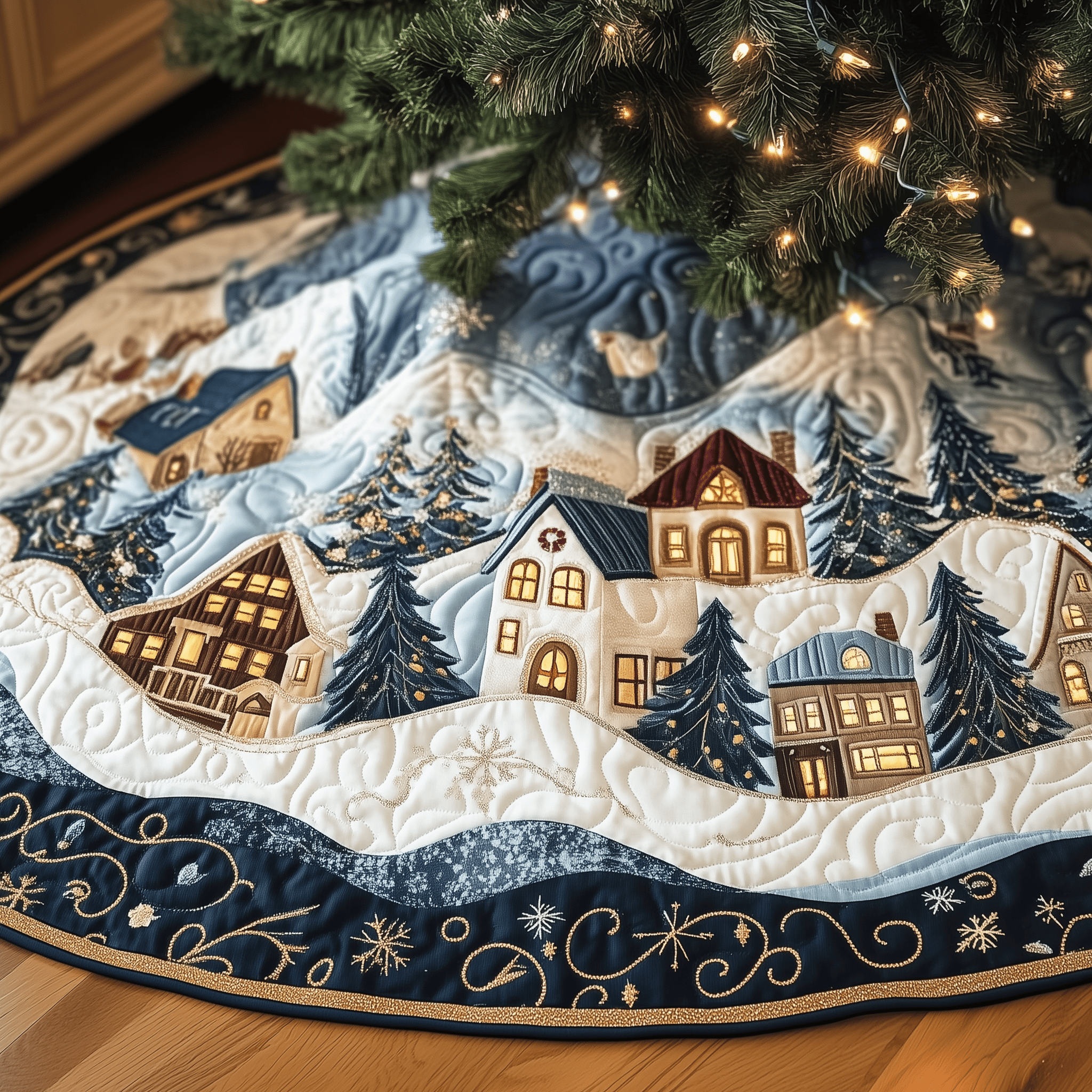 Christmas Village Quilted Tree Skirt Xmas Surround Tree Base Cover Indoor Home Decorations Holiday Gifts