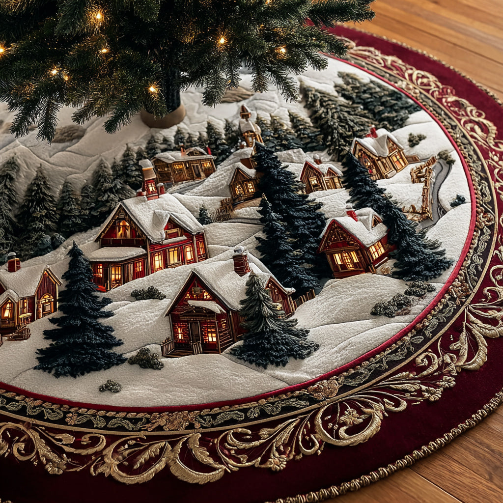 Christmas Village Red Tapestry Quilted Christmas Tree Skirt Holiday Decorations Christmas Present Ideas