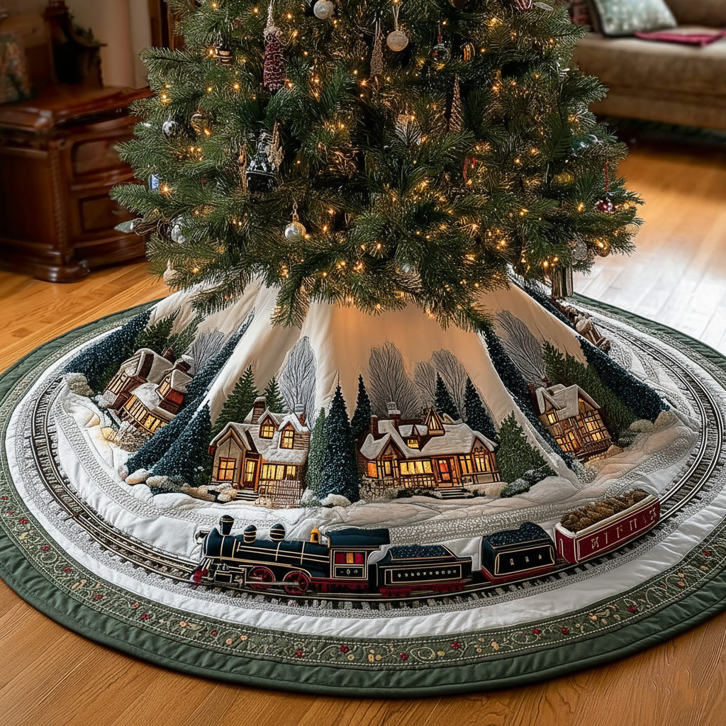 Christmas Village Snowy Rails Quilted Christmas Tree Skirt Winter Holiday Decor Christmas Presents