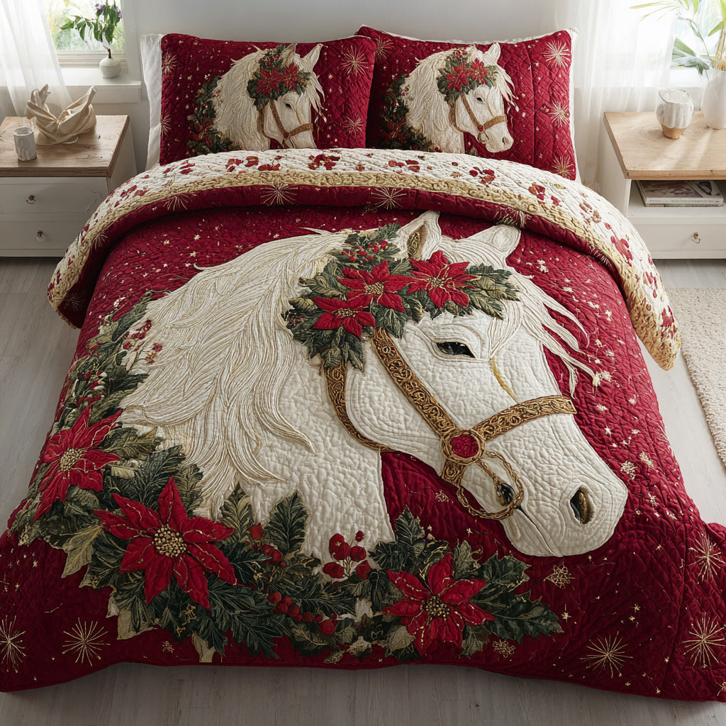 Christmas White Horse Quilted Bedding Set Christmas Duvet Cover Horse Gifts For Equestrian Riders