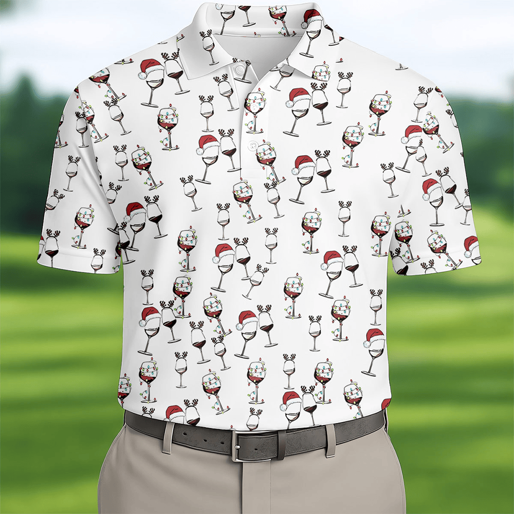 Christmas Wine Glass With Colorful Lighting White Golf Shirt Christmas Golf Shirt Polo Shirts For Mens