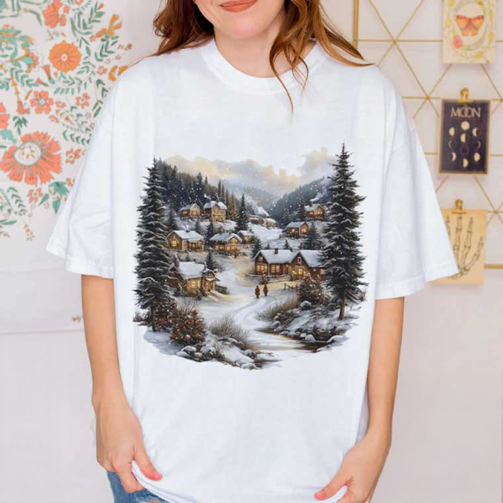 Christmas Winter Village Mountain Pine Trees Vintage T-Shirt Christmas Gifts For Wife